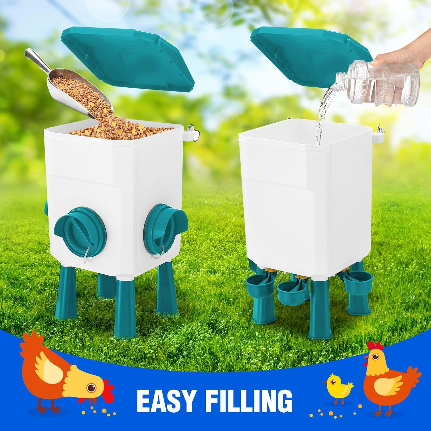 Pet Scene Chicken Feeder Waterer Set, Automatic Bird Feeder Food Water Dispenser, 12KG + 11L Capacity Auto Chook Poultry Gravity Fed Feeding Drinking in Coop Fence Rat Proof - Type 0708 Rd image number 4