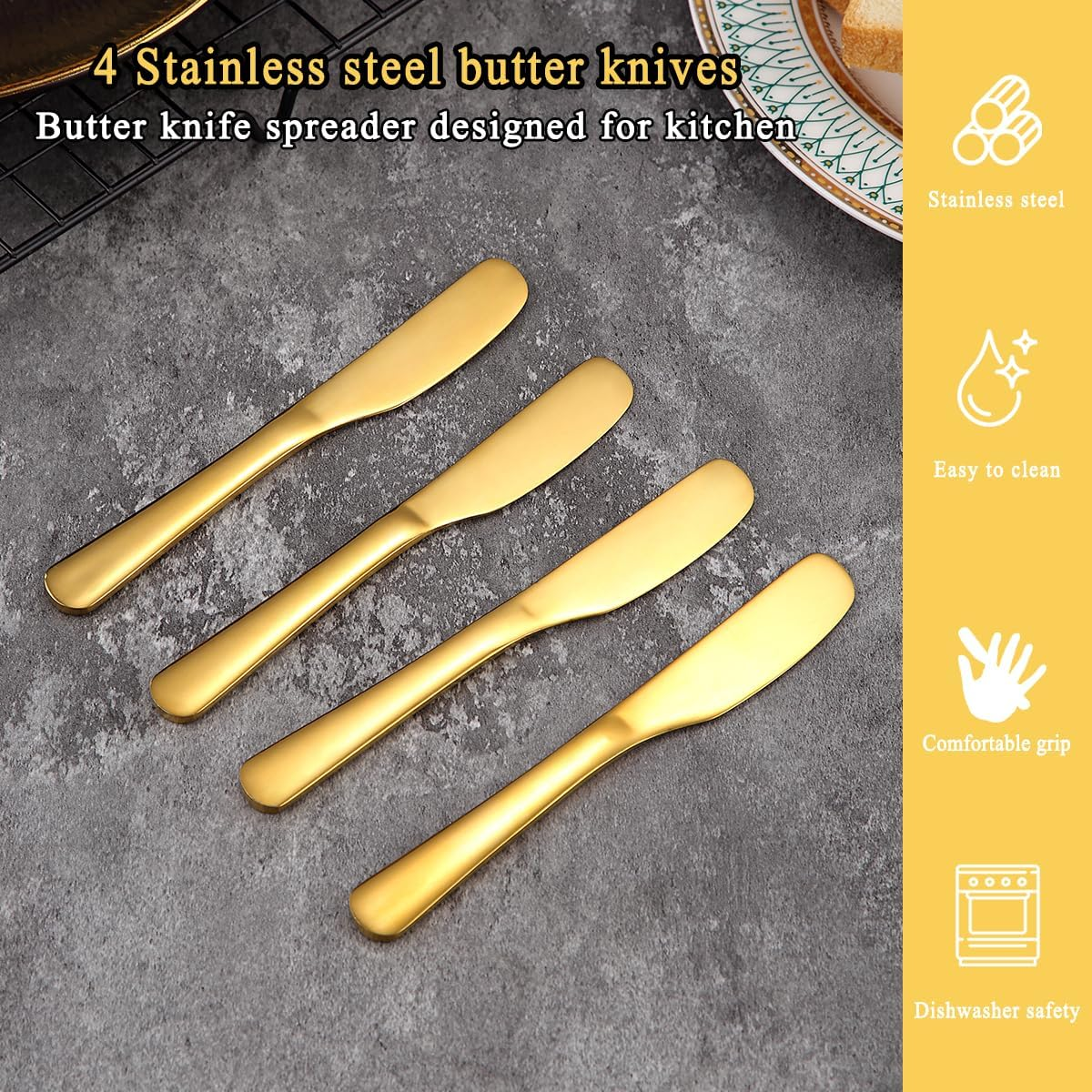 Homquen Stainless Steel Butter Knife, Gold Butter Knife,Butter Application Knife Can Be Used in Kitchen, Dining Set, Kitchen Gadgets, 4 Pieces Set - Golden image number 5