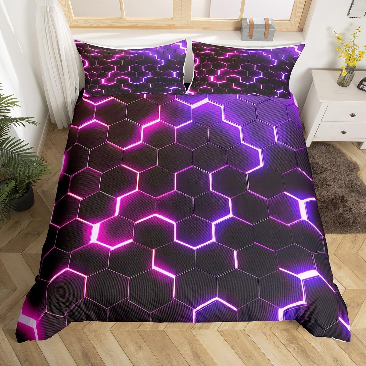 Feelingyou Honeycomb Duvet Cover S Size, Hexagon Pink Purple Neon Lights Comforter Cover Set for Boys Girls, 3D Bedding Quilt Cover Set Bedroom, 2 Pieces image number 3