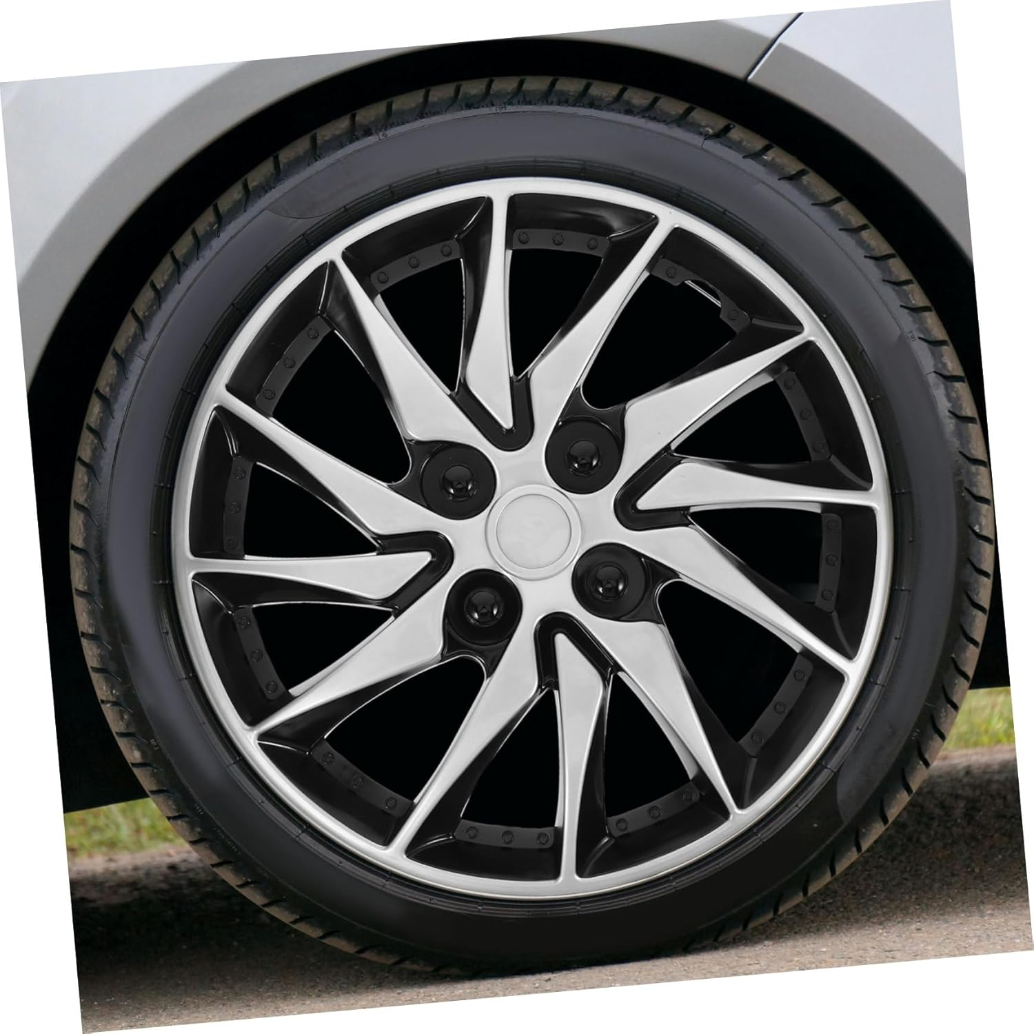 PRETYZOOM 14 Inch Car Hubcap Cover Silver Black, Automotive Wheel Hub Center Cap Replacement for SUV Truck Cars, Sturdy Steel Rim Decorative Wheel Cover for All-Season Use image number 1