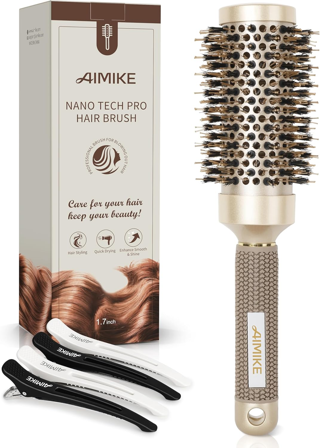 AIMIKE round Hair Brush, Nano Thermal Ceramic & Ionic Tech round Brush, Blow Dry Hair Brush with Boar Bristles, Barrel Brush for Styling, Curling, Add Volume & Shine (2.9 Inch, Barrel 1.7 Inch) image number 2
