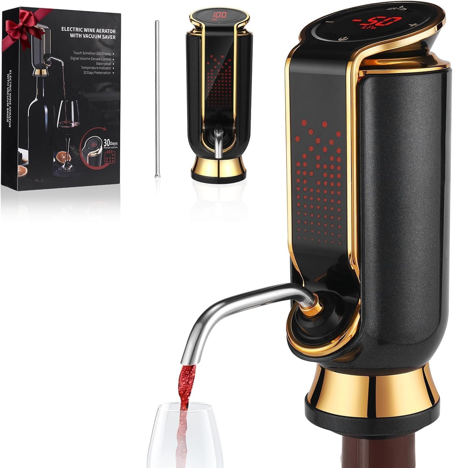 Oriver 4-In-1 Electric Wine Aerator & Dispenser with Rechargeable Battery, LED Display, Decanter, Vacuum Saver &ndash; Fast Pouring, Stainless Steel Design image number 1