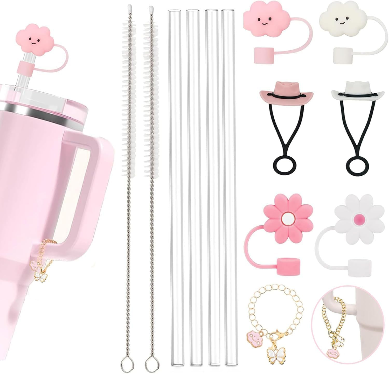 VAVCASE Straws with Cover Cap for Stanley 40Oz Tumbler Replacement - 6Pcs Covers, 4Pcs Straws for 20, 30 & 40Oz Cups, Charms Accessories Set, Large, Clear image number 1