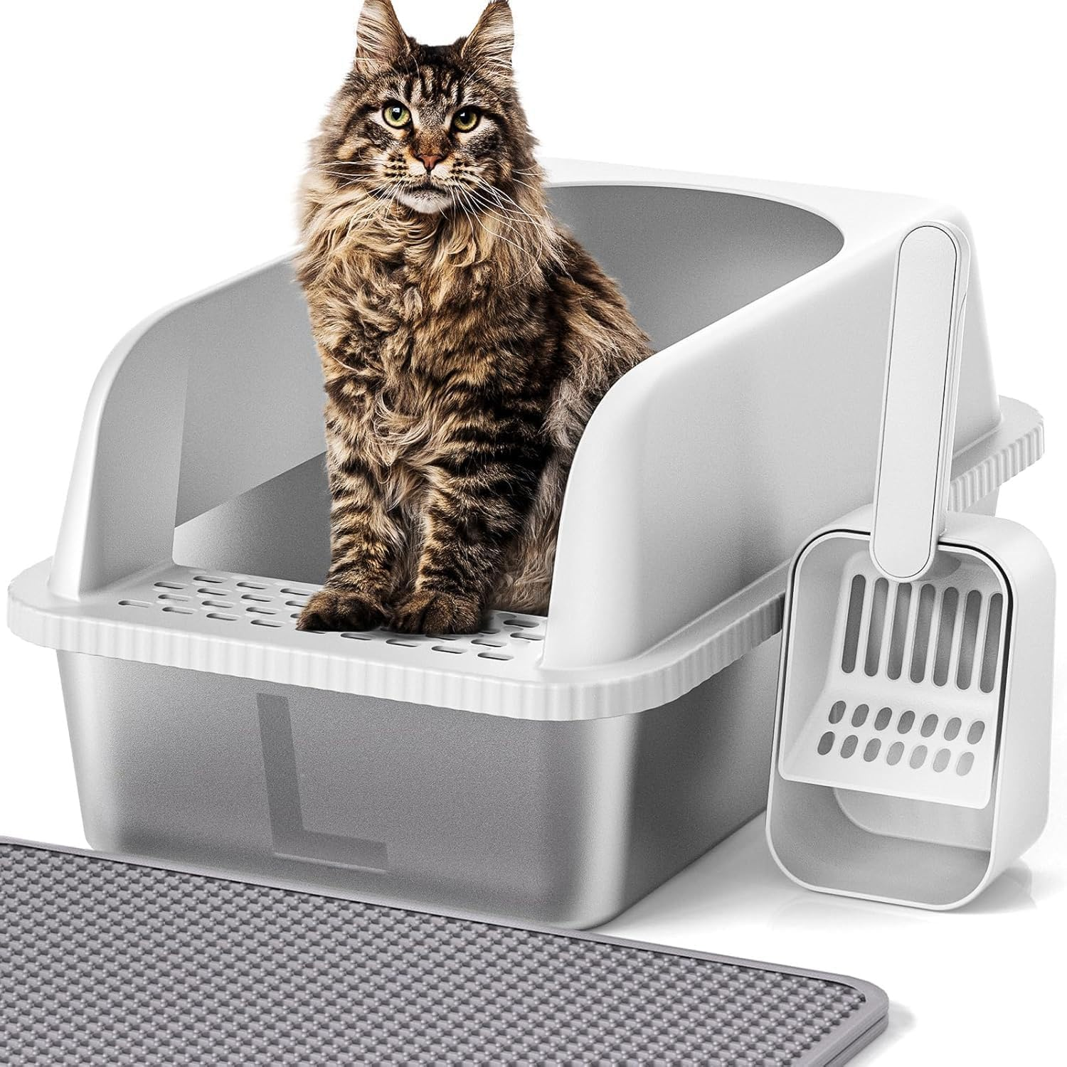 Stainless Steel Cat Litter Box with Lid, 51Cm L X 36Cm W X 30Cm H, Extra Large Litter Box for Big Cats with High Sided, Anti-Urine Leakage, Easy Cleaning, Include Cat Mat and Scoop(Light Grey)