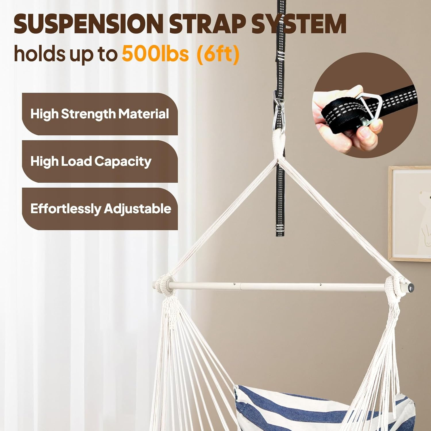 Chihee Hammock Chair Hanging Chair with Foot Rest 2 Cushions Max 500Lbs Robust Metal Spreader Bar Collapsible Easy Storage Soft Cotton Swing Chair Strong Strap Iron Carabiner Side Pocket Included image number 3