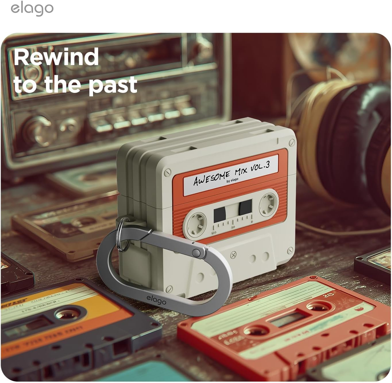 Elago Cassette Tape Case Compatible with Airpods Pro 3 Cover - Carabiner Included, Supports Wireless Charging, Shock Resistant, Full Protection, Headphone Accessories (Classic White) image number 1