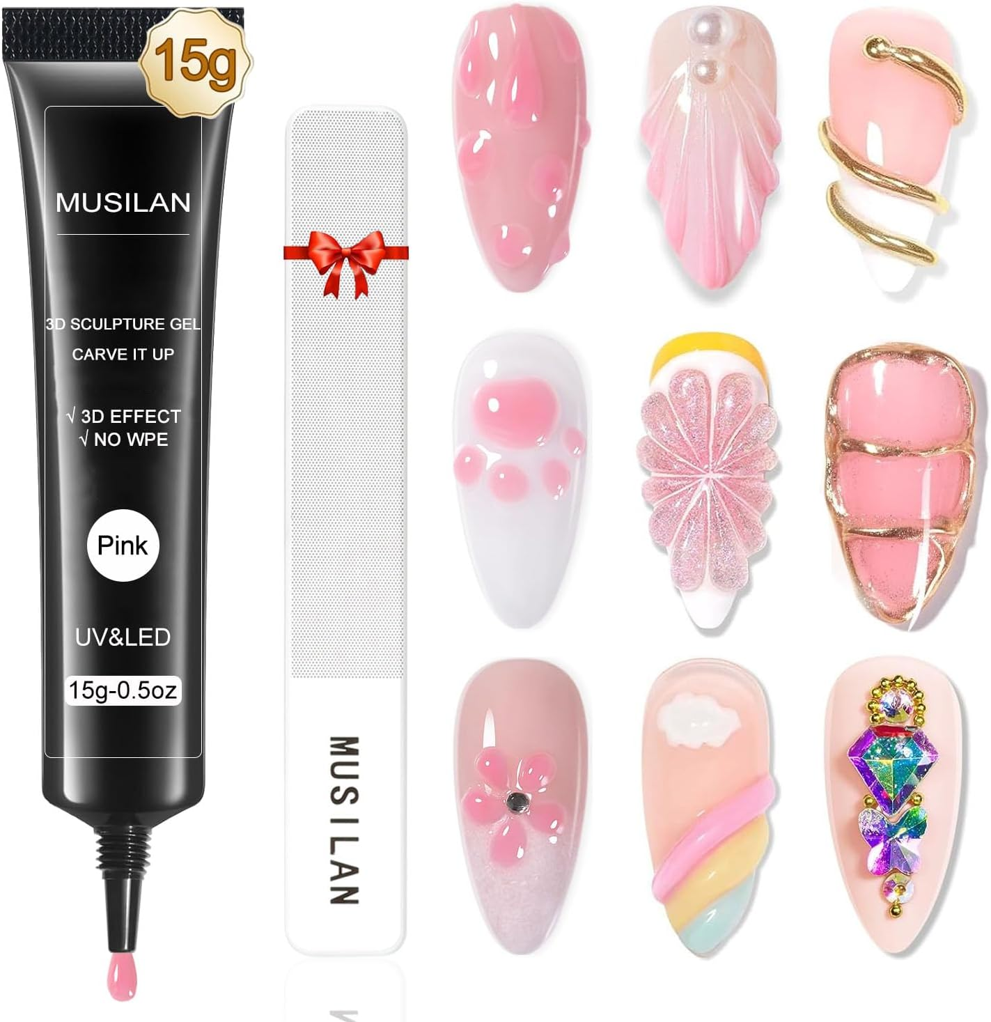 MUSILAN 3D Nail Gel Art,15G Pink Sculpting Gel for Carving, Molding and Painting Nail Art Designs, Chrome Nails Powder and Nail Charms,Rhinestone Design No Wipe Lamp Curing Needed for Drawing image number 6