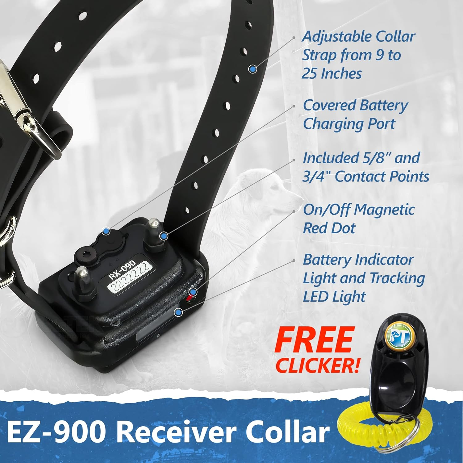 E-Collar Educator EZ-900-1/2 Mile Remote Waterproof Dog Trainer - Static, Vibration and Sound Stimulation Collar with Petstek Dog Training Clicker image number 3