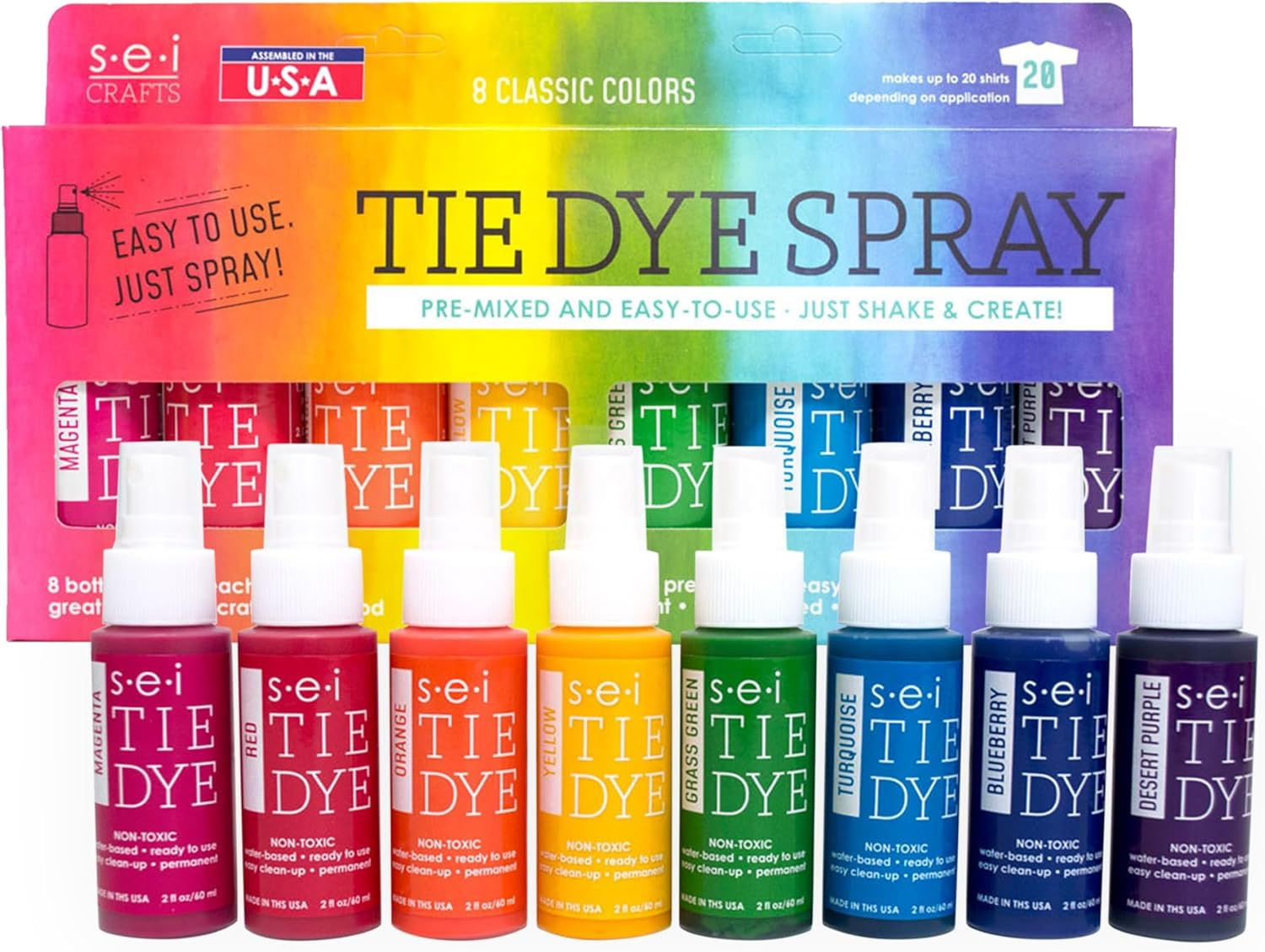S.E.I. Neon Tie Dye Kit, Fabric Dye Spray Set, Easy Clean Up, Easy Application, Spray Tie Dye Kit - 8 Pack of Colors