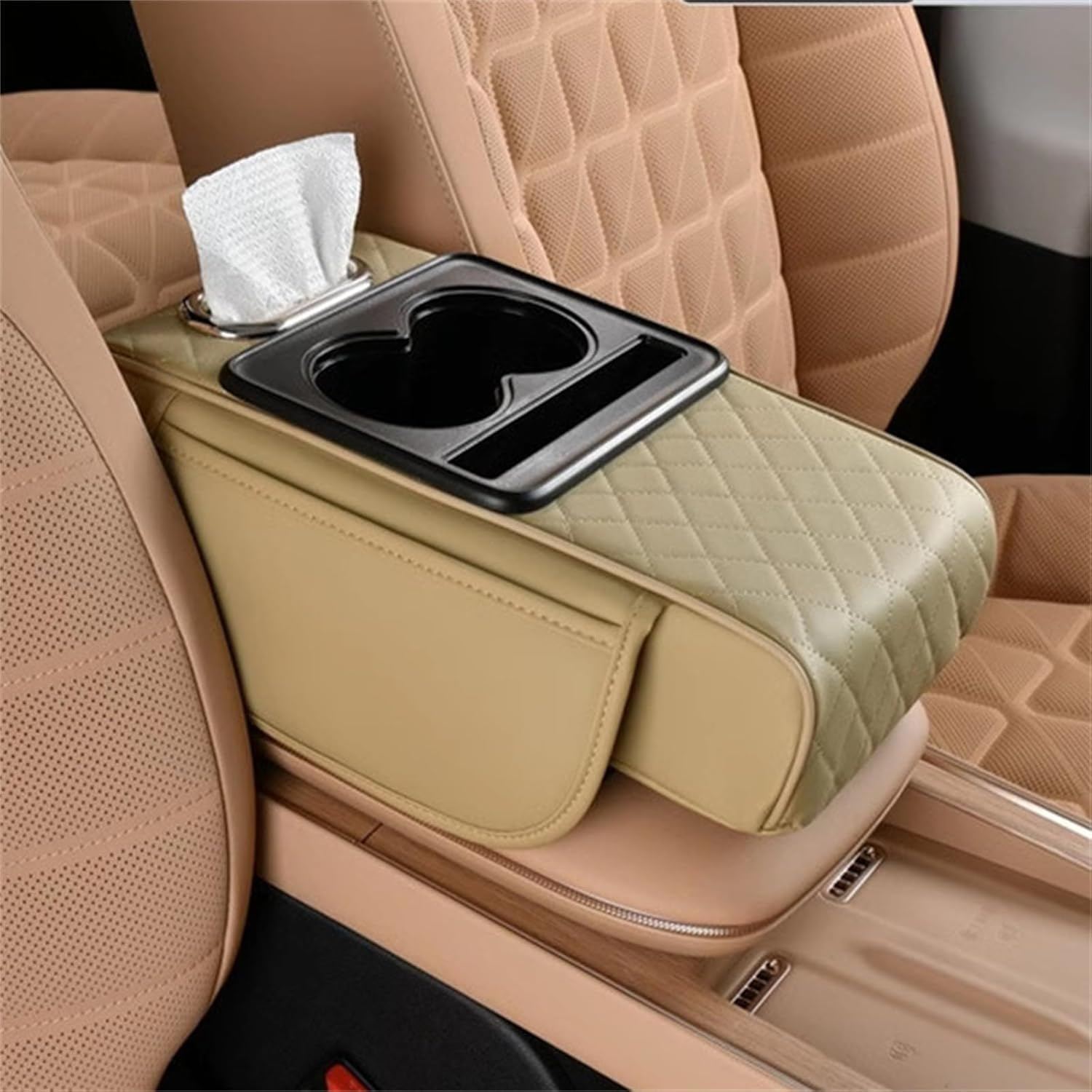 Integrated Pressurized Multifunctional Car Armrest Heightening Pad, Car Armrest Box Storage Bag, with 2 Cup Holder, Phone Slot, Tissue Box, Side Pockets, for All Carmodels (Grey)