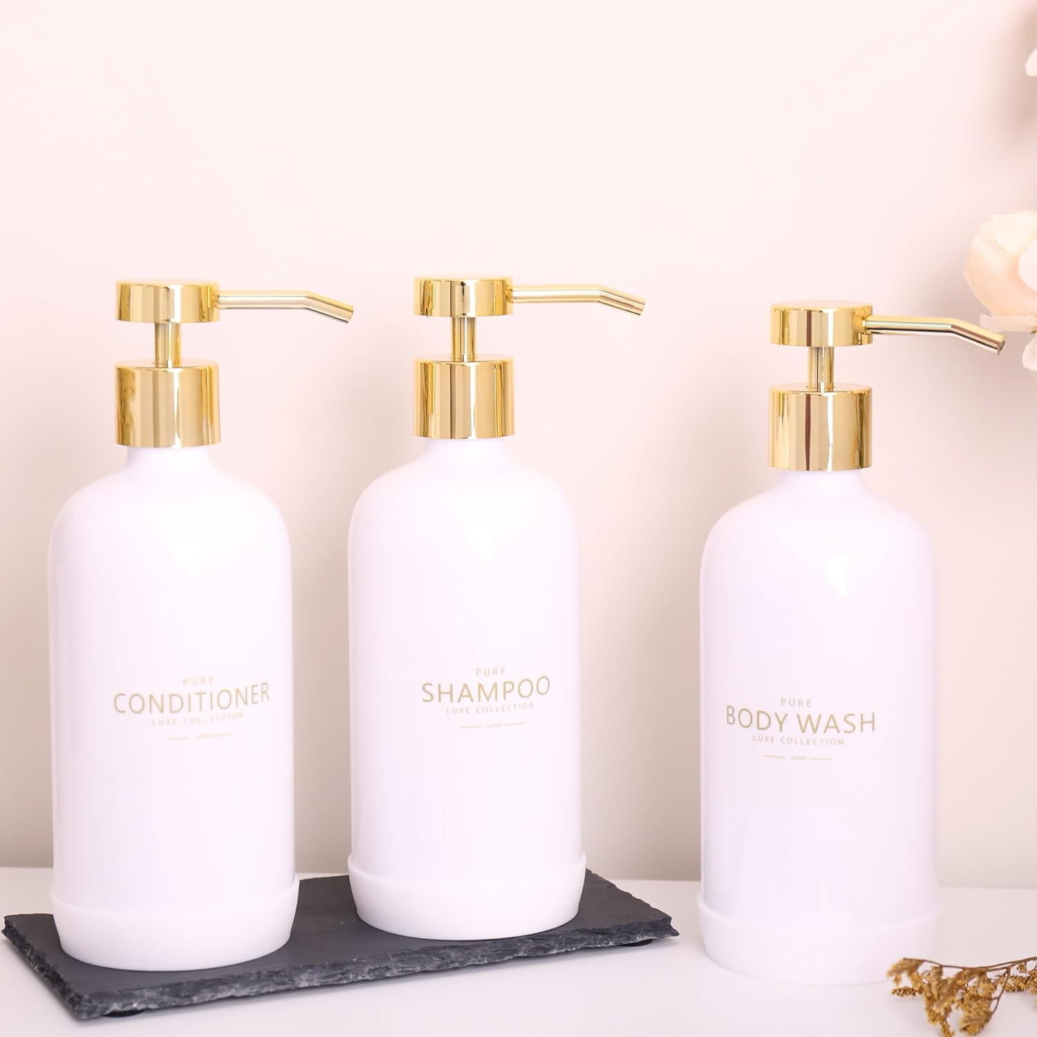 Janxin Shampoo and Conditioner Dispenser Set of 3,Refillable 21Oz Shampoo Bottles with Non-Slip Protective Silicone Pad,Shower Soap Dispenser with Waterproof Labels for Bathroom (White) image number 2