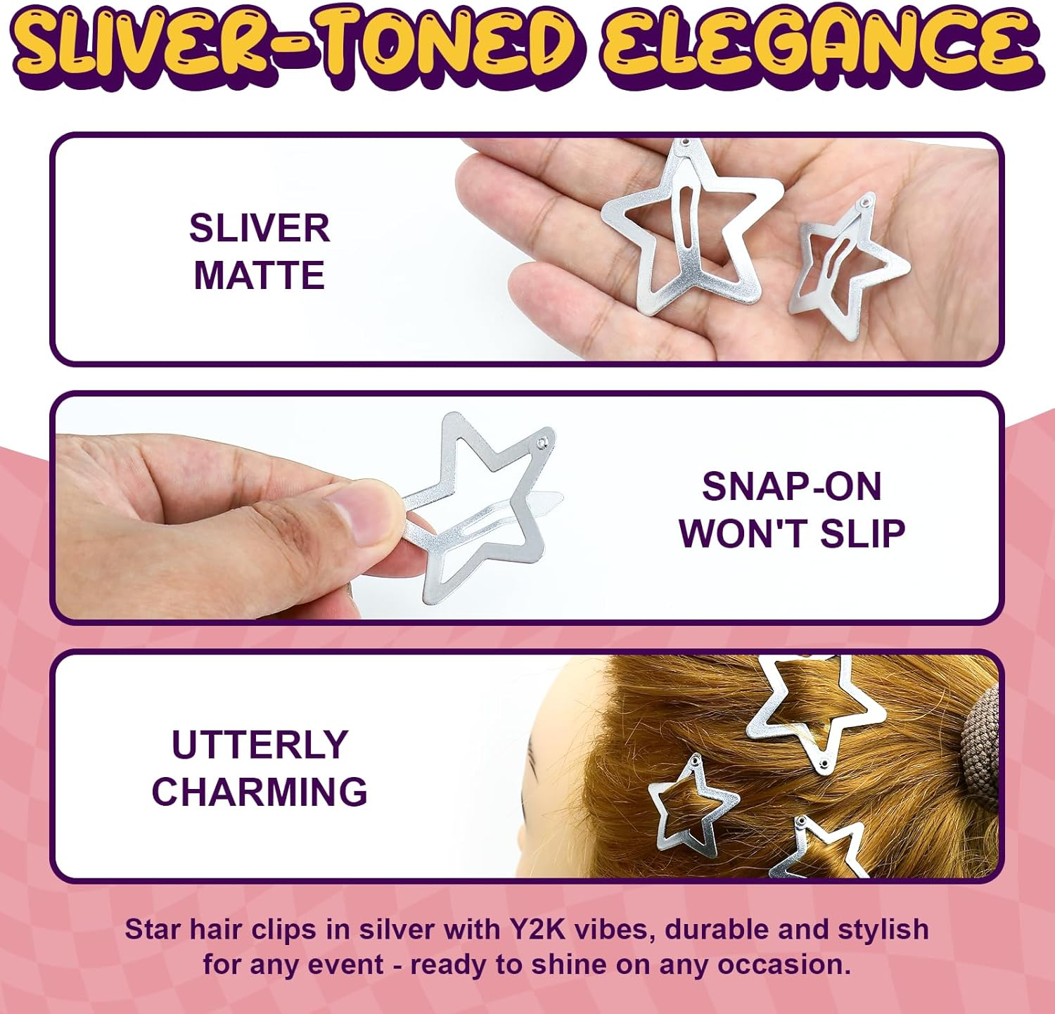 JASVERLIN Star Hair Clips, 1.22" and 1.61" Cute Kawaii Snap Barrettes for Women Girls Teens, Y2K Fashion Festival Rave Hair Accessories 2000S Aesthetic Stars Stuff Non Slip 40 Pcs (Matte Silver)