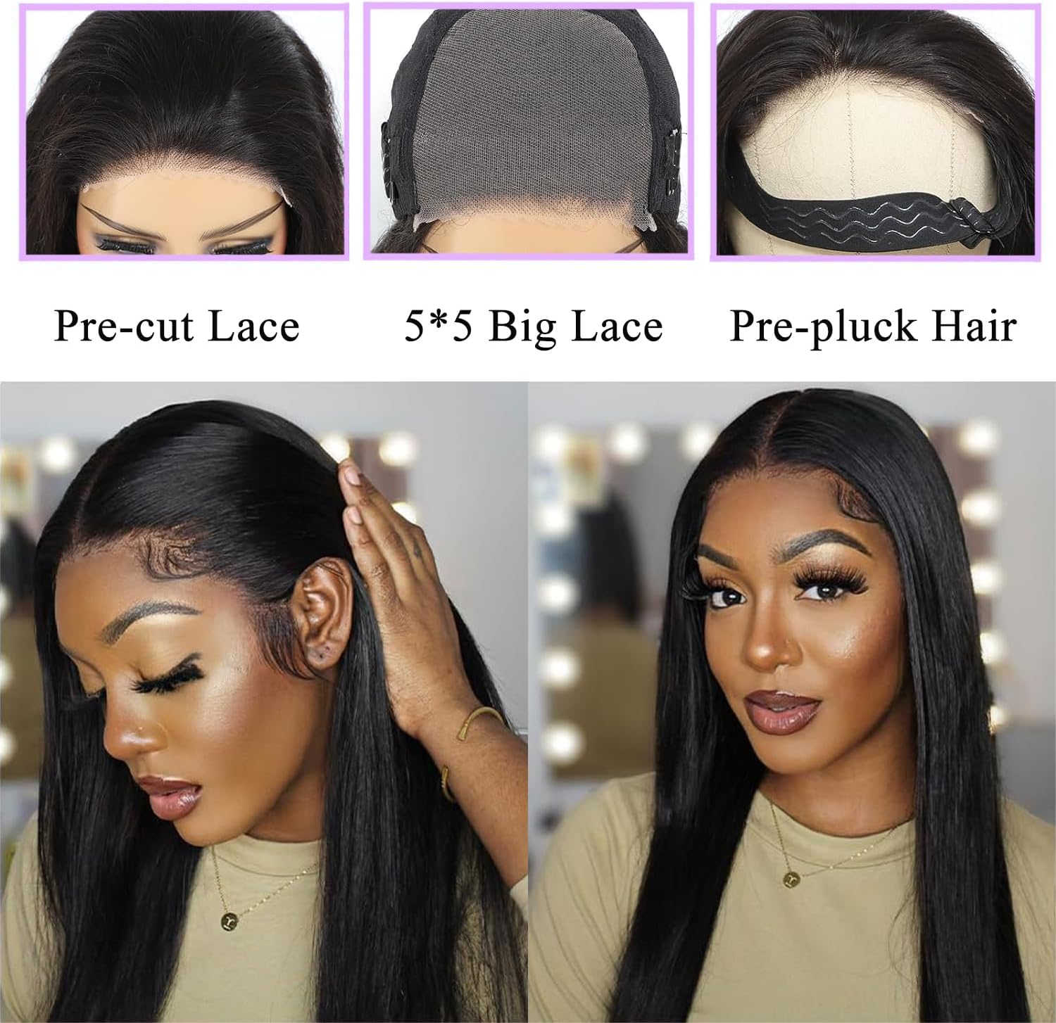 220% Density Lace Front Human Hair Wigs for Black Women, Glueless Human Hair Wigs with Natural Hairline 16 Inches