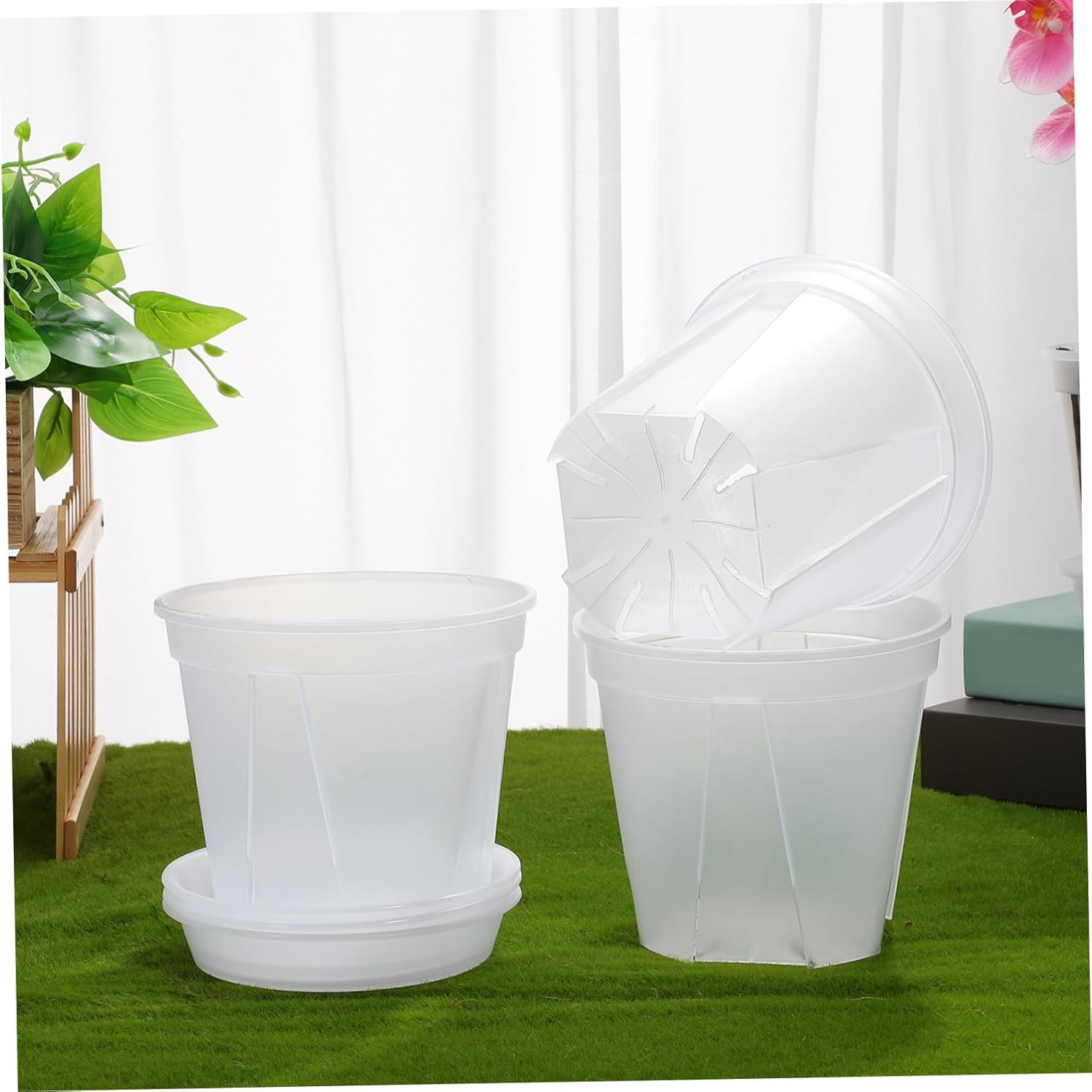 TOBBOMEY 4 Pcs Breathable Root Control Planting Pots with Drainage Trays 0.3 Gallon Plastic Planters for Indoor Orchid and Succulent Gardening image number 2