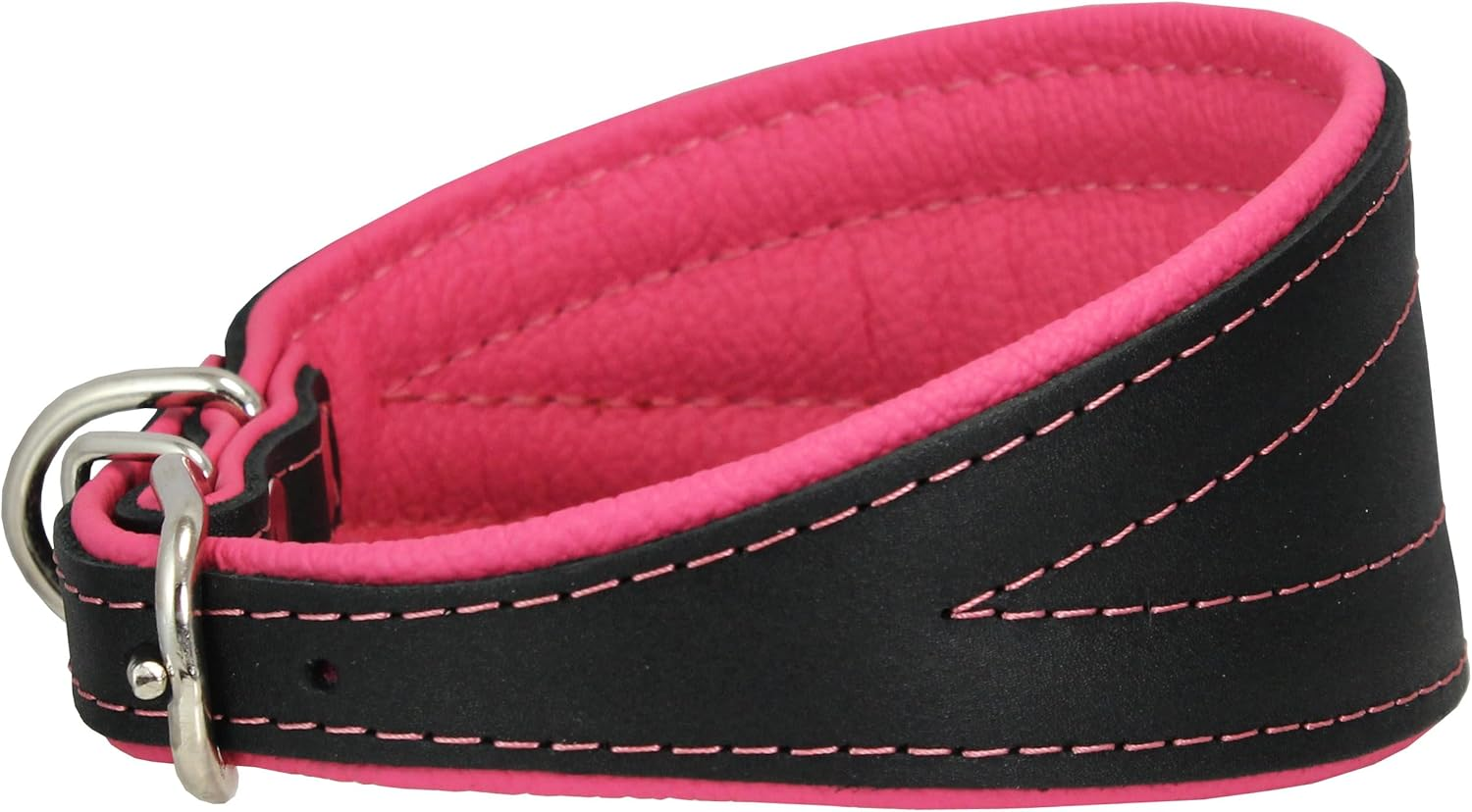 Real Leather Extra Wide Padded Tapered Dog Collar Glossy Black Greyhound Saluki Deerhound Lurcher Whippet Dachshund (14.25"-17" Neck; 2.5" Wide, Pink) image number 3
