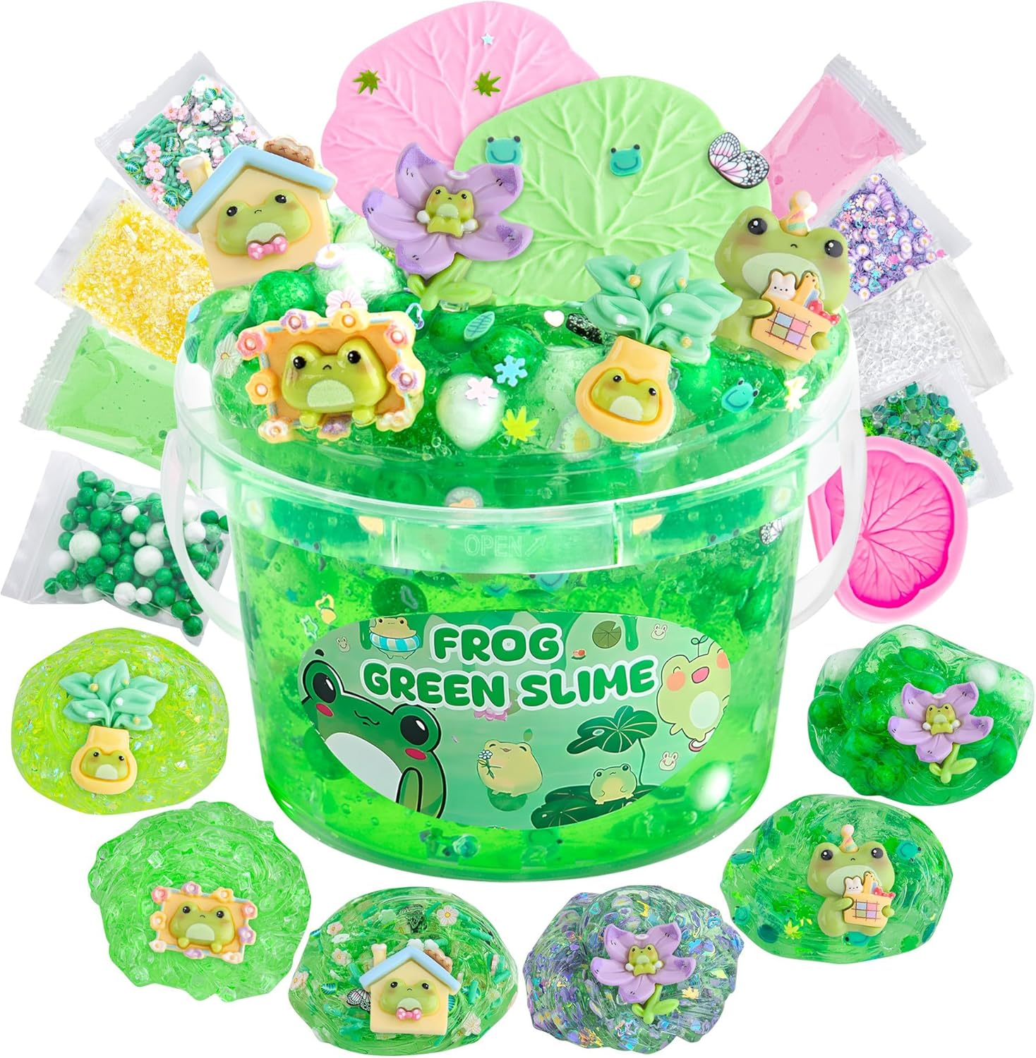 Frog Clear Slime 300Ml, Green Clear Slime Kit for Girls Ages 8-12 with 8 Packs Slime Add-Ins, Slime for Kids Party Favors, Non Stick Slime with Clay, Halloween St. Patrick'S Day