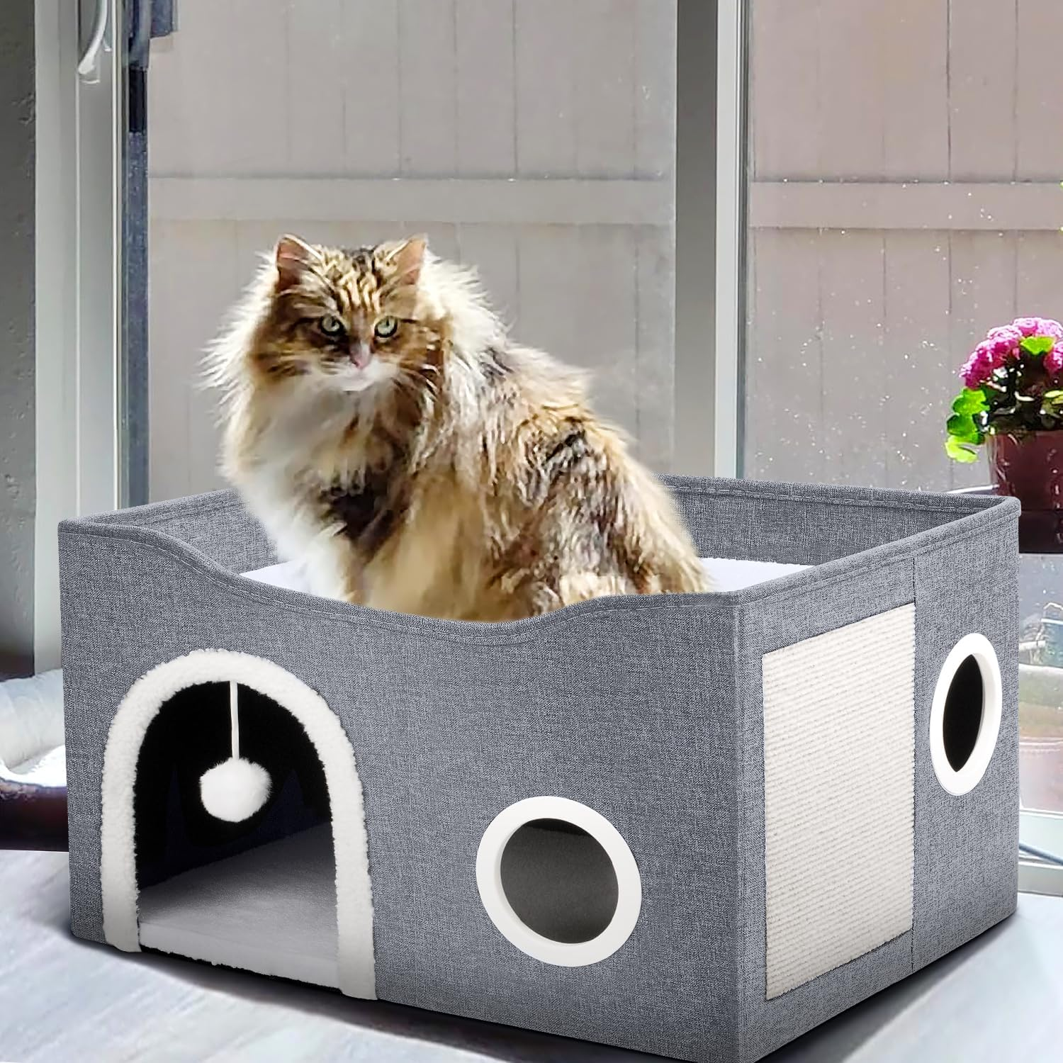 Heeyoo Cat House for Indoor Pets - Large Bed Cave with Fluffy Ball and Scratch Pad, Foldable Condos, Cubes, Hideaway, Covered Bed image number 4