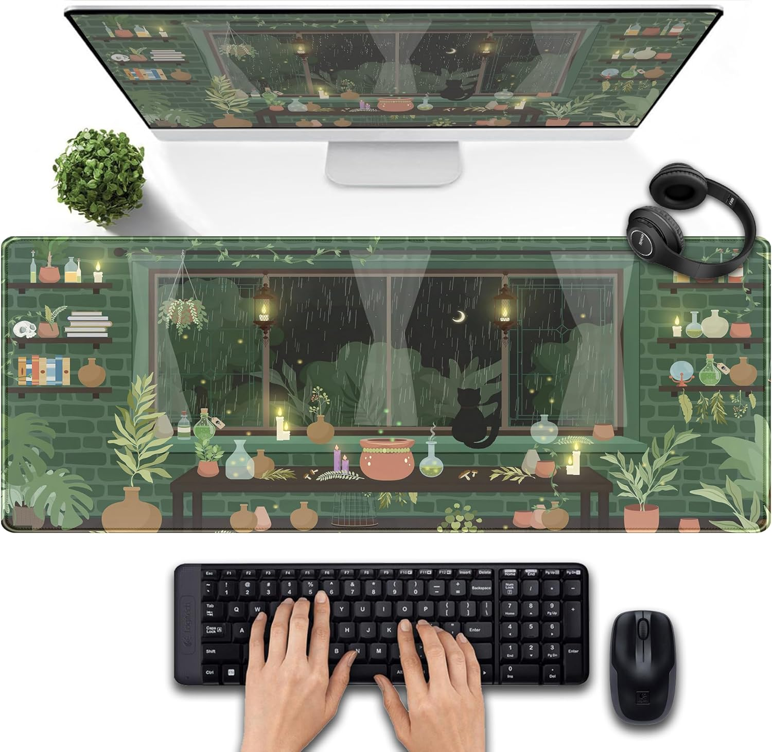 Kawaii Rainy Night Desk Mat Green Plants Gaming Mouse Pad XL, Aesthetic Anime Black Cat Desk Pad Laptop Computer Keyboard Mouse Mat, Desktop Decor Accessories for Girl Women Office 31.5"X11.8"
