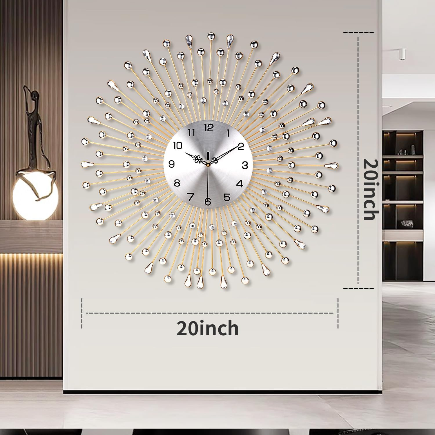 Large Wall Clock Decorative with Dazzling Crystals, Battery Operated Modern Elegance, Metal Wall Clocks for Living Room & Bedroom Decor, Exquisite Kitchen Decoration Clock 20 Inch Sm888-50Diy image number 5