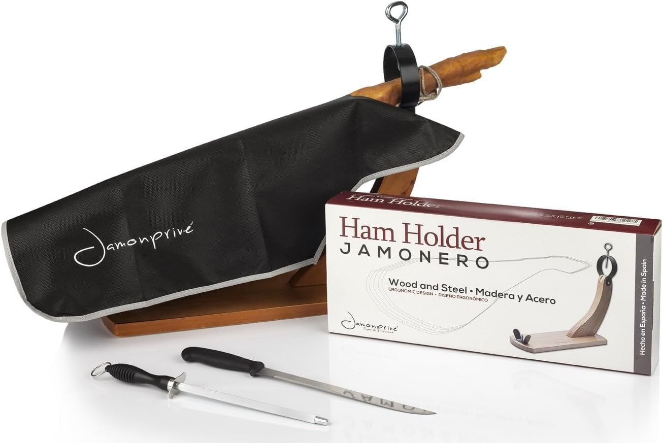 Ham Stand Spain + Knife + Sharpening Steel + Ham Cover + Kitchen Cloth + Tongs | the Original Ham Holder for Spanish Hams and Italian Prosciutto image number 1