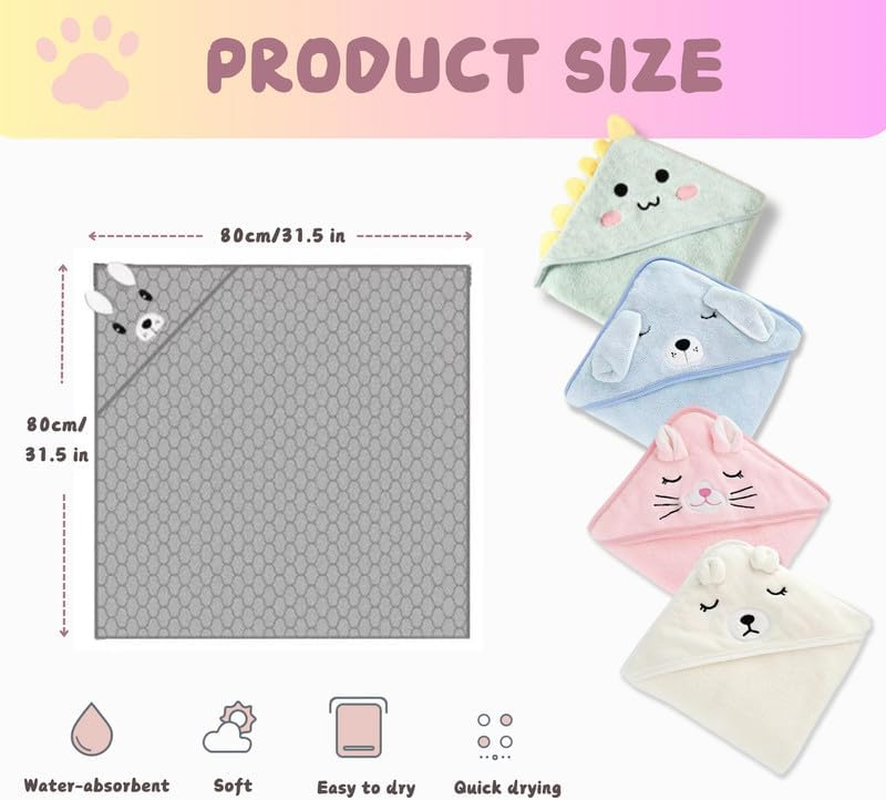 Baby Towel, Hooded Towel for Babies, Ultra Soft Baby Towels, Super Absorbent and Washable, Baby Towel with Unique Animals for Baby Gift image number 1