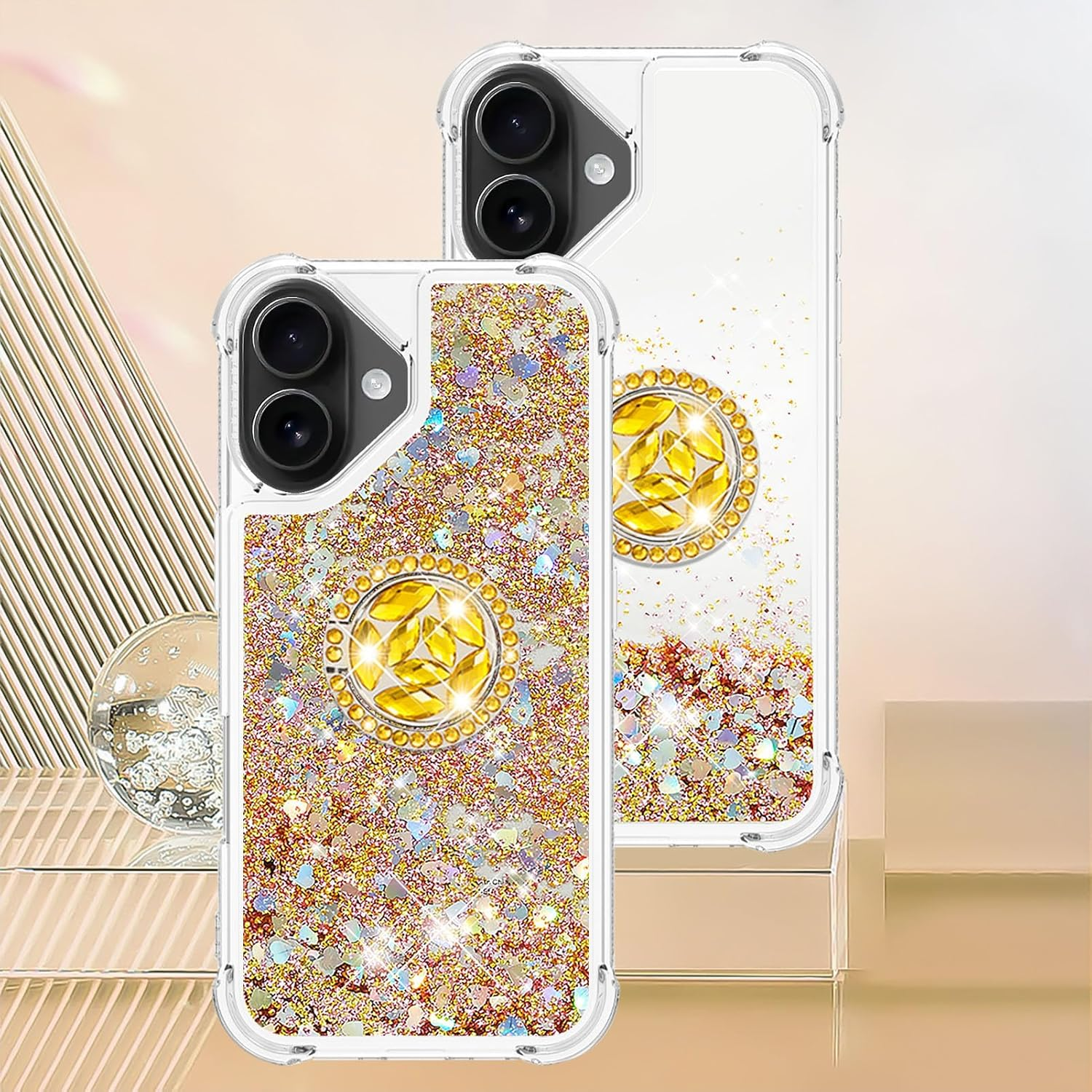 IMEIKONST Glitter Case for Iphone 17 Mobile Phone Case with Ring Stand, Sequins Liquid Quicksand Transparent Protective Case Shockproof TPU Cover for Iphone 17 Love Gold YBZ image number 2