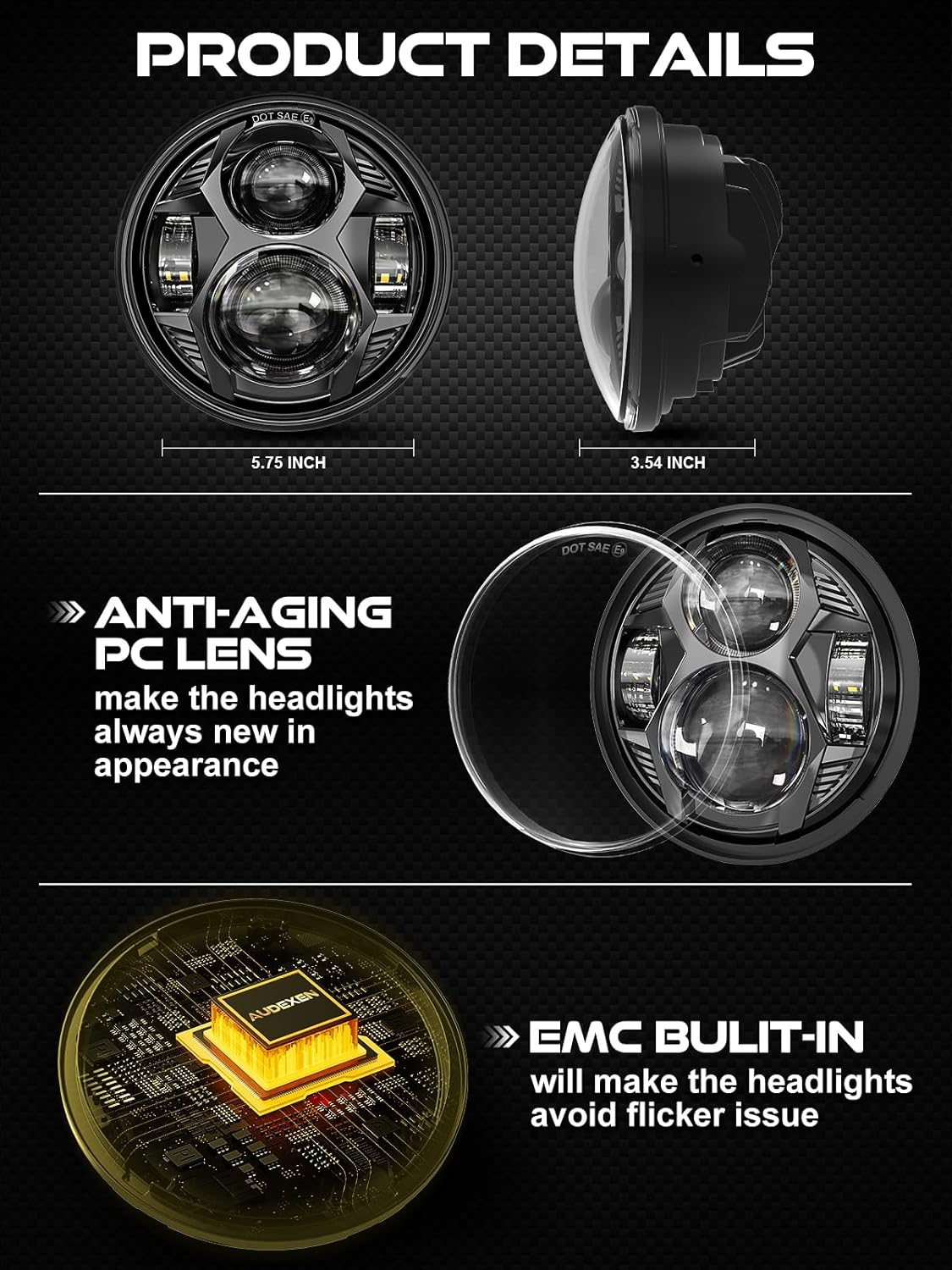 5.75 Inch round Led Headlight 51W 5-3/4" Headlight Compatible with Harley Dyna Sportster Iron 883 Street Rod Street Bob Softail Deuce Custom Super Wide Glide Motorcycle, Black image number 4