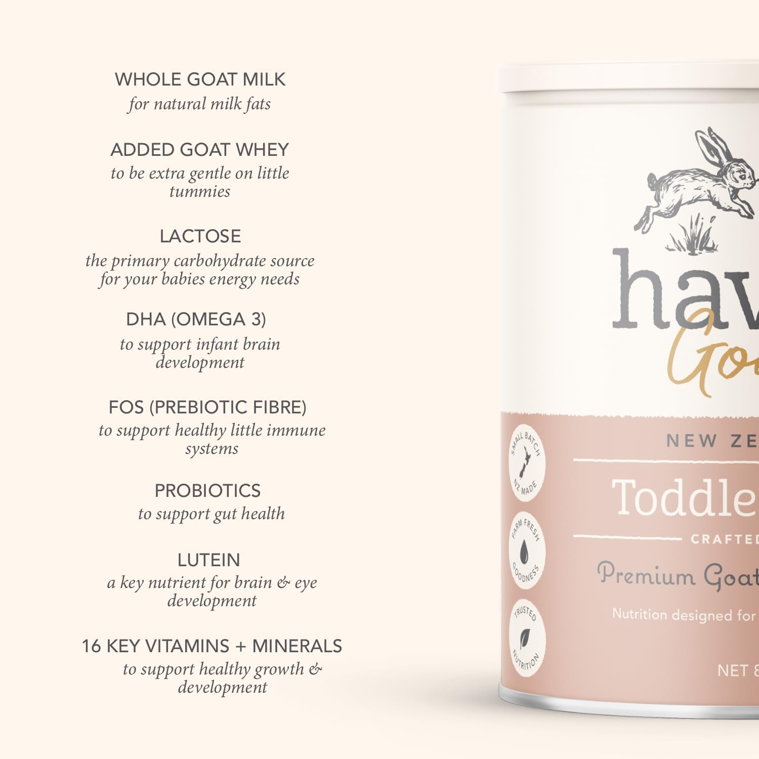 Haven Goat Toddler Milk Drink, Stage 3 (12+ Months), Gentle New Zealand Forage-Fed Goat&rsquo;S Whole Milk, Naturally A2, with Prebiotic, Probiotics & 16 Vitamins and Minerals, Palm Oil Free, GMO Free &ndash; 800G image number 2