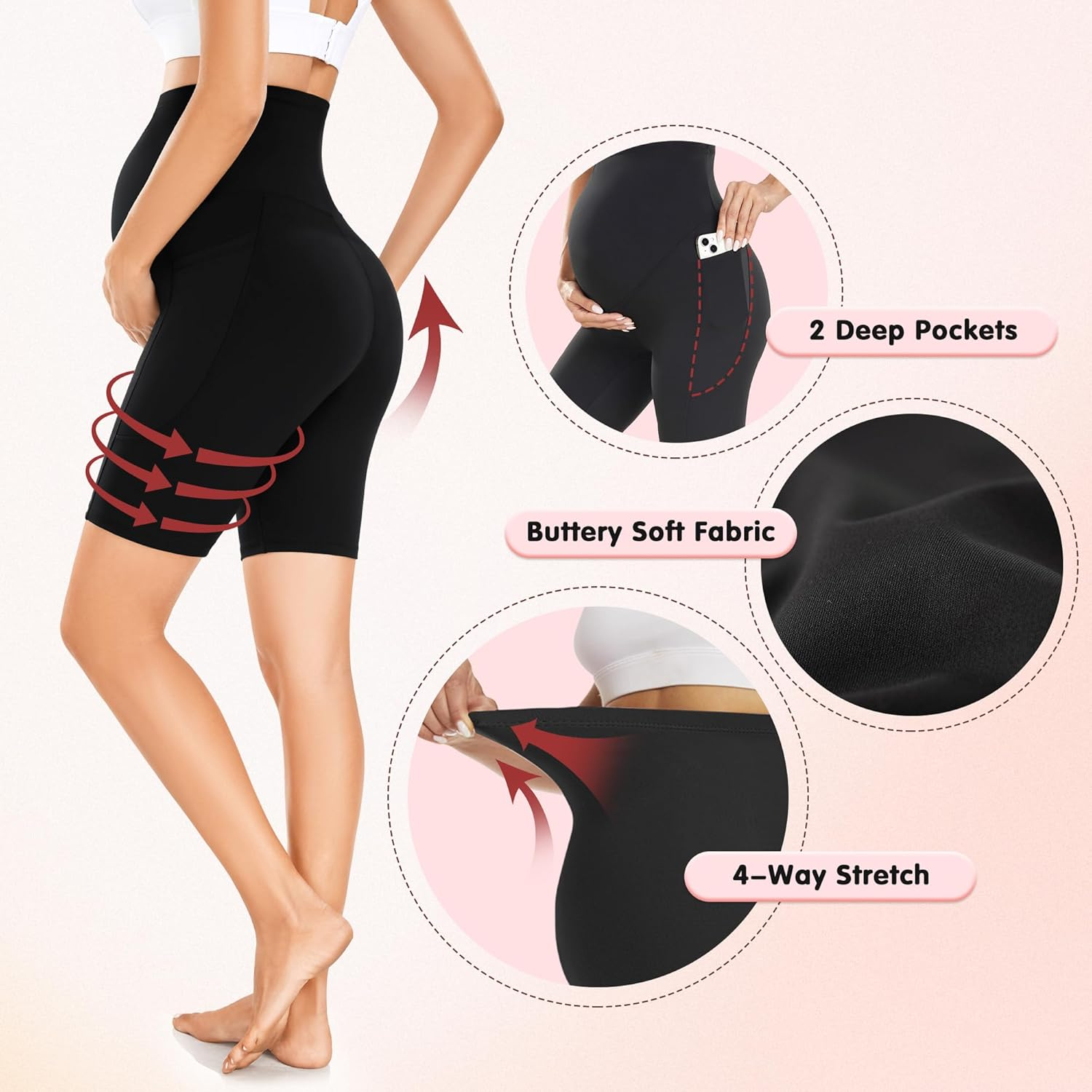 FULLSOFT 3 Pack Maternity Shorts over Belly - 8" Pregnant Women'S Cycling Shorts with Pockets, High Waisted, Mid Rise, Solid, Polyester Blend, Size 8 image number 1