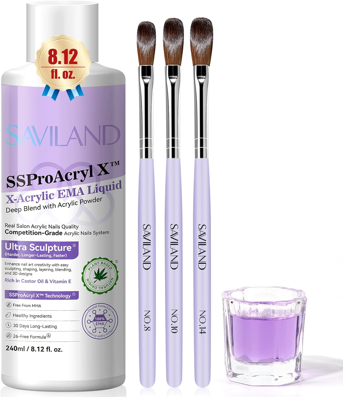 SAVILAND Professional Acrylic Nail Liquid Kit - 240Ml EMA Monomer with 3 Nail Brushes & Dappen Dish Salon-Grade Liquid for Acrylic Powder Extensions for DIY image number 3