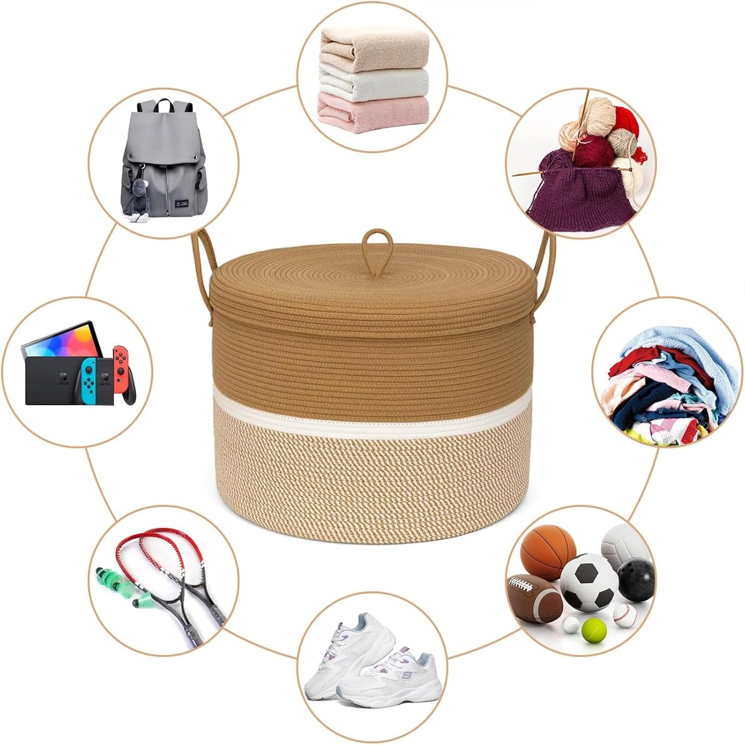 Extra Large Cotton Rope Woven Basket, Throw Blanket Storage Basket with Handles,Woven Storage Organizer for Blankets,Toys, Clothes, Rustic Rope Basket for Living Room, 50Cmx50Cmx38Cm image number 5