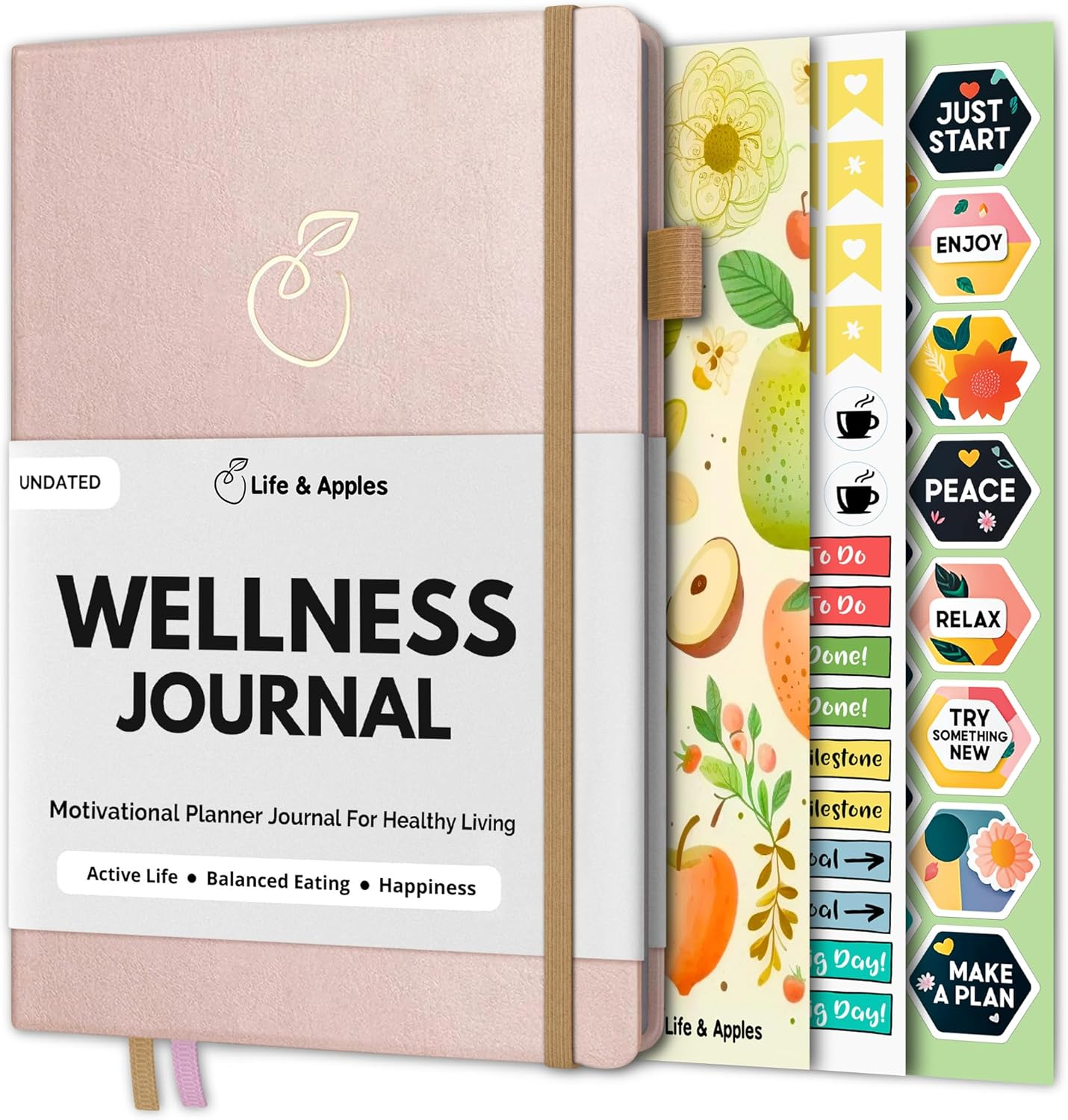 Life & Apples Rose Gold Wellness Planner - Food Journal, Fitness Diary, Gratitude & Meal Planner for Healthy Living & Self-Care - Track Weight Loss Diet & Health Goals - Undated, A5 Size