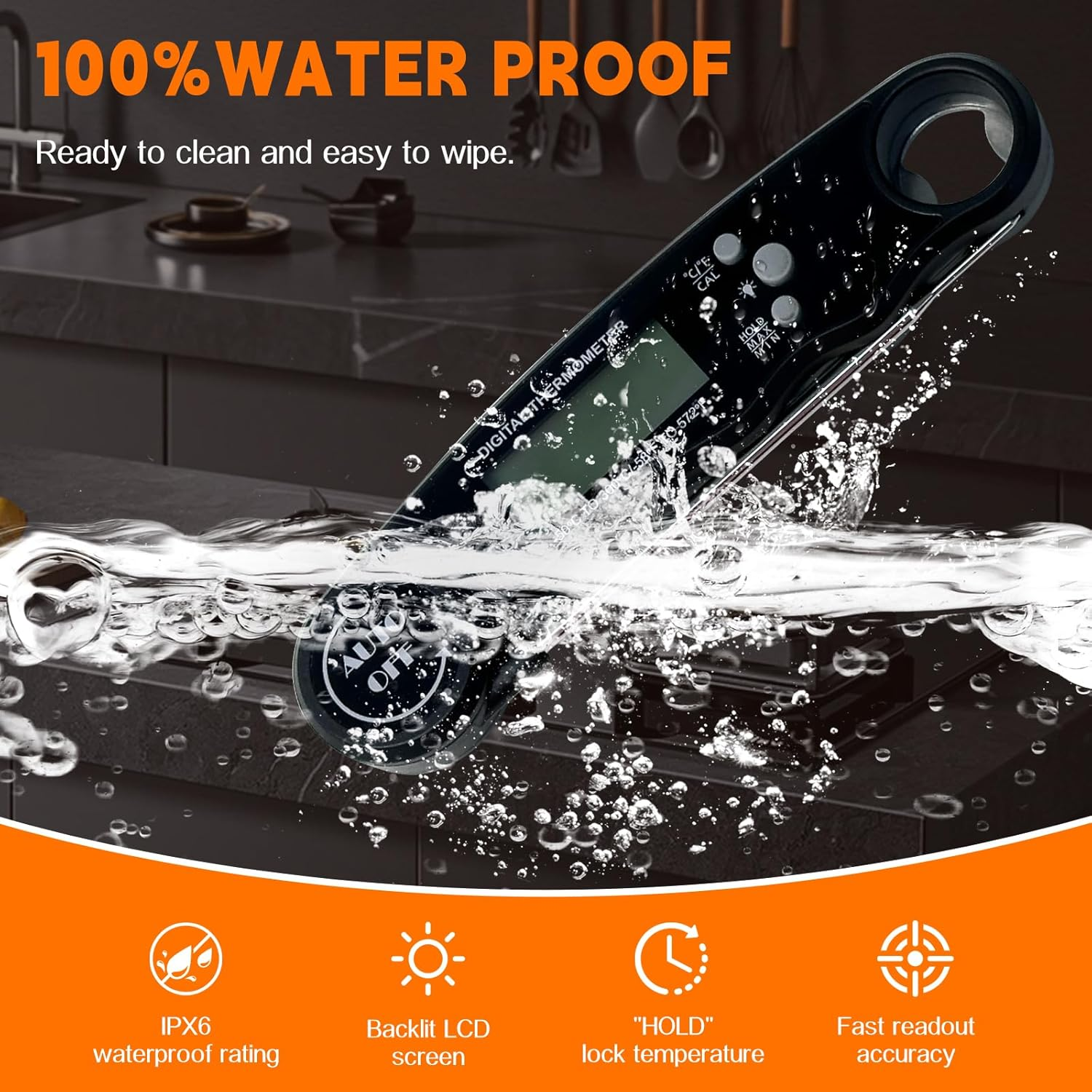 JOLLY GADGETS AUTO Instant Read Digital Thermometer &ndash; Waterproof, Fast & Accurate with Backlight Display, Calibration Function, and Wide Temperature Range for Cooking, Grilling, Frying, and Baking image number 4