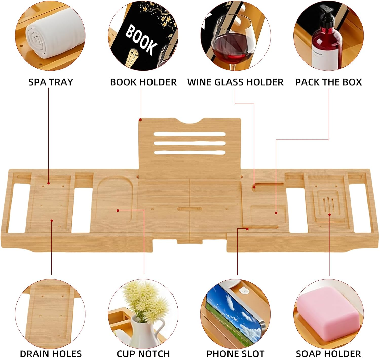 STEUGO Bamboo Expandable Bathtub Tray, Premium Bath Reading Tray for Tub, Books Caddy While Soaking, Tablets & Wine Glasses - Perfect Luxury Gifts for Anniversary and Wedding, Bathroom Accessories image number 4