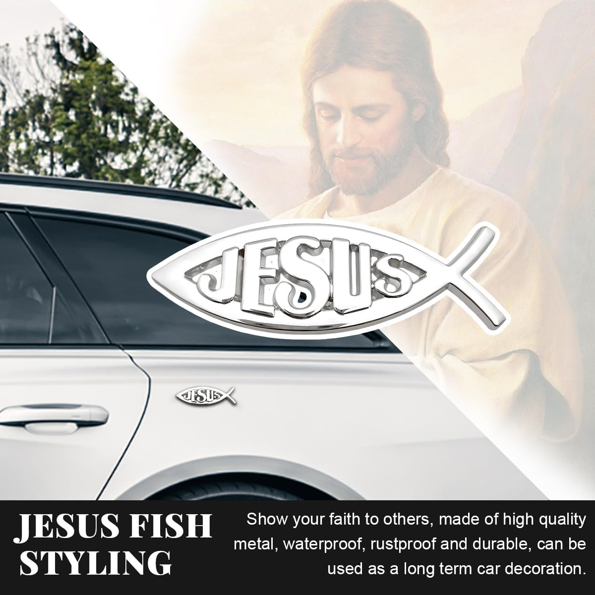 DXNQ 2PCS Jesus Fish Decal Sticker, 3D Car Decal Jesus Christian Fish Symbol Chrome Emblem, Faith Fish Stickers Religious Metal Badge Auto Decor for Truck Motorcycle Fridge (Silver) image number 4