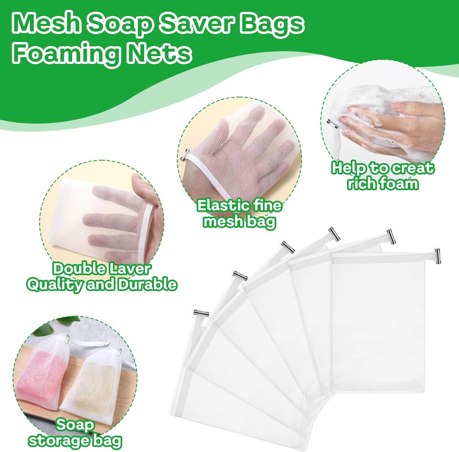 6 PCS Exfoliating Mesh Soap Pouch Soft Soap Bag with Drawstring for Shower Double Layer Thicken Foam Net Bubble Foam Net Soap Sack Saver Pouch, White