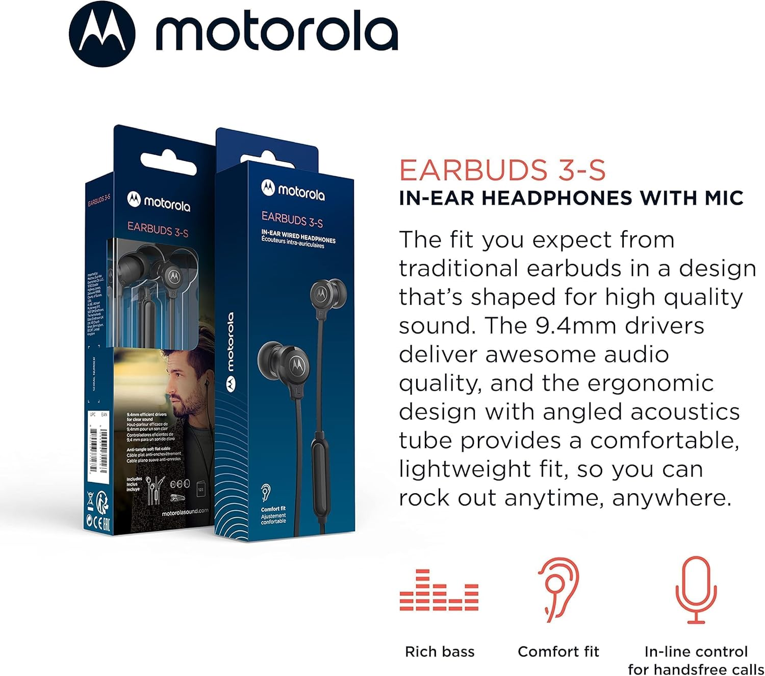 Motorola Sound Earbuds 3-S | In-Ear Headphones with Microphone | Anti-Tangle Cable, Deep Bass and Ergonomic Design with Comfort Fit | 3.5Mm | Black image number 5