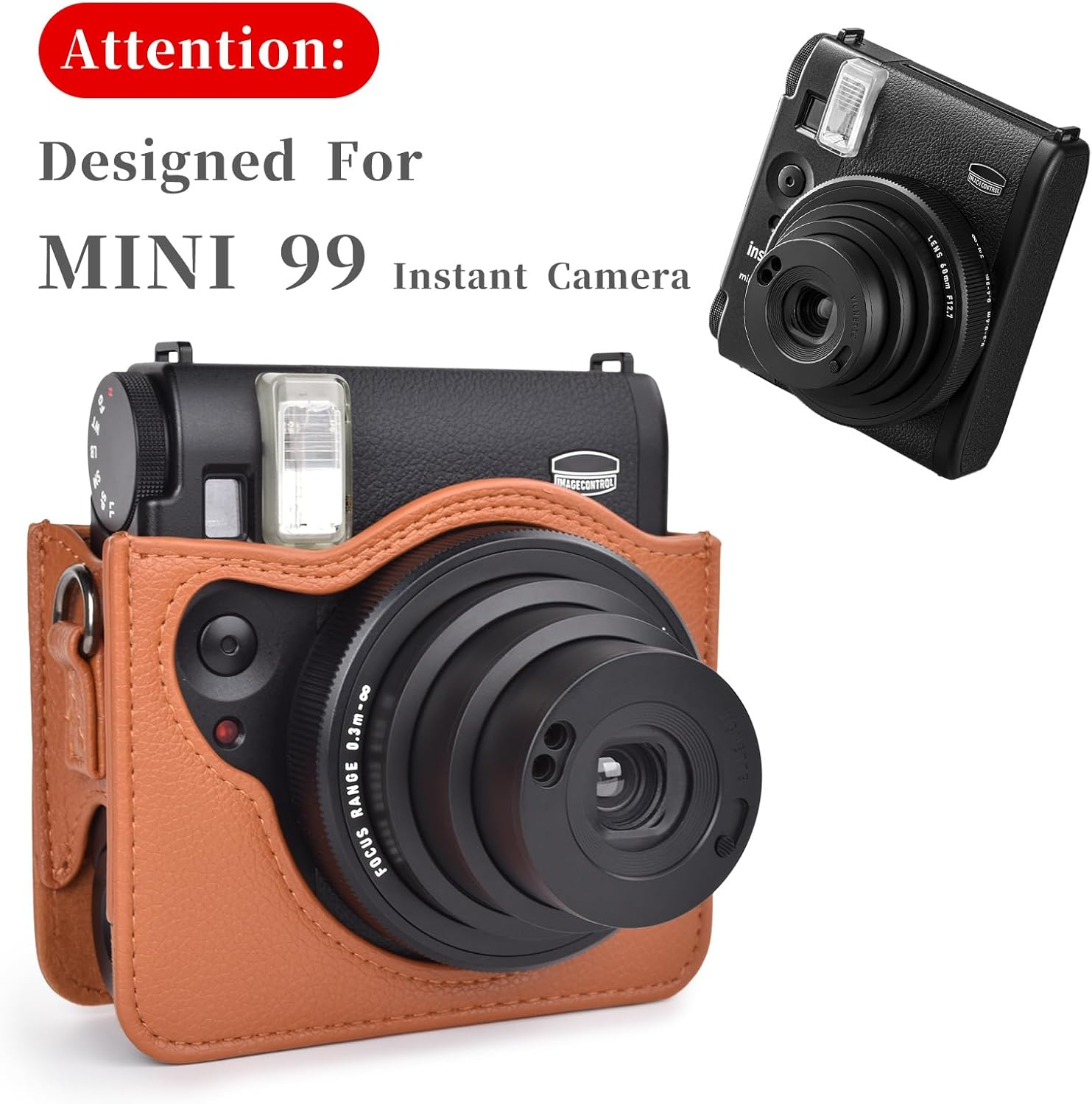 Rieibi Camera Case for Instax Mini 99 - PU Leather Protective Case for Fujifilm Instax Mini 99 Instant Camera - Removable Case with Shoulder Strap Velcro Fastener - Brown - Grey image number 2