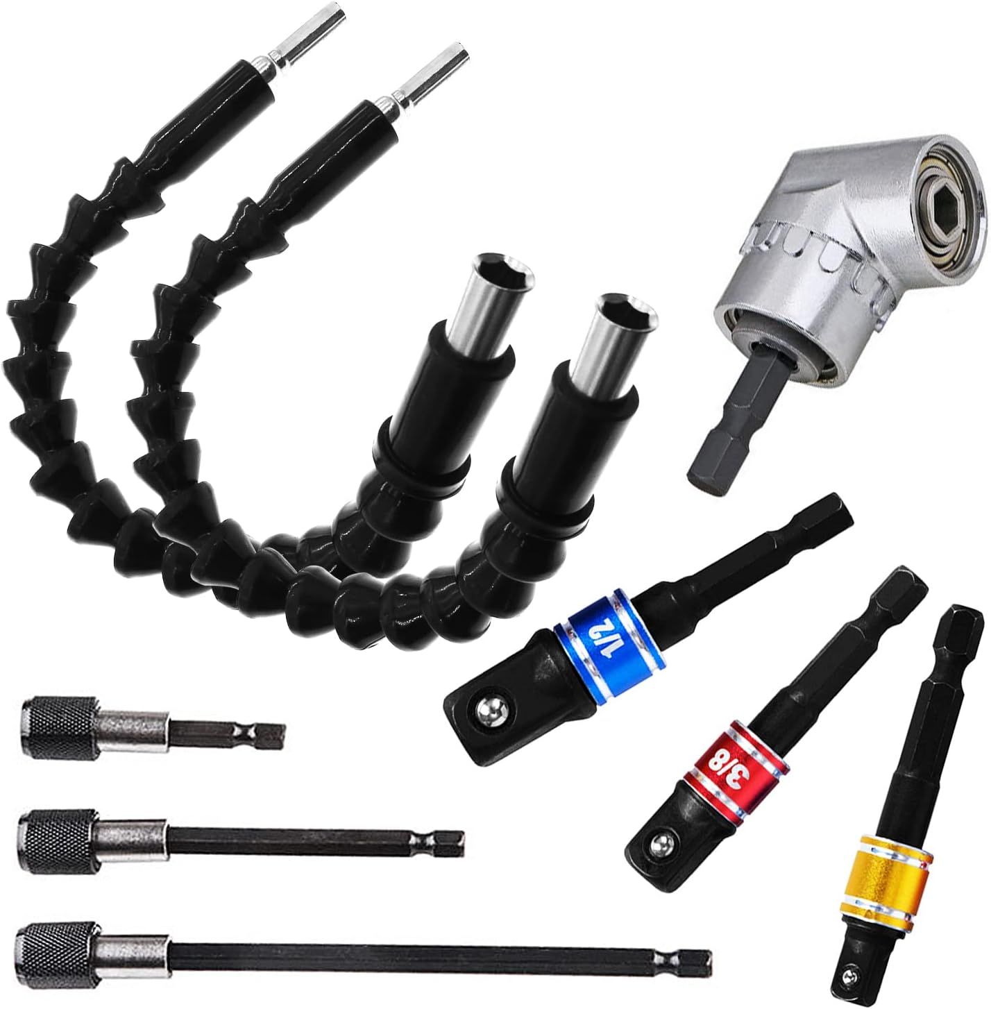Pacify Flexible Drill Bit Extension Set, Bendable Drill Bit Extension, 105&deg; Right Angle Drill Attachment, Hex Shank Drill Bit Holder, 1/4" 3/8" 1/2" Hex Socket Adapter Set image number 3