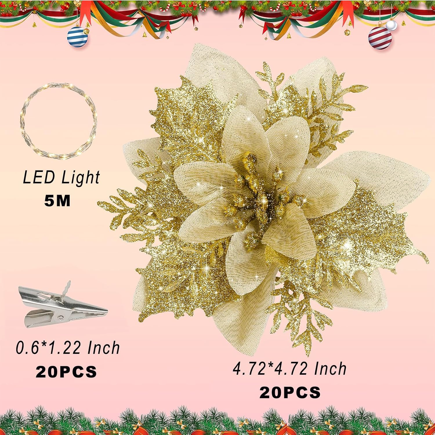 CQLITI 20PCS Artificial Poinsettia with Clips, 5M LED Light, Christmas Decor, Glitter Poinsettia, Red, Plastic, Flowers, Christmas Tree, Wreath, DIY, Xmas, Holiday, Home, Party Decor image number 2