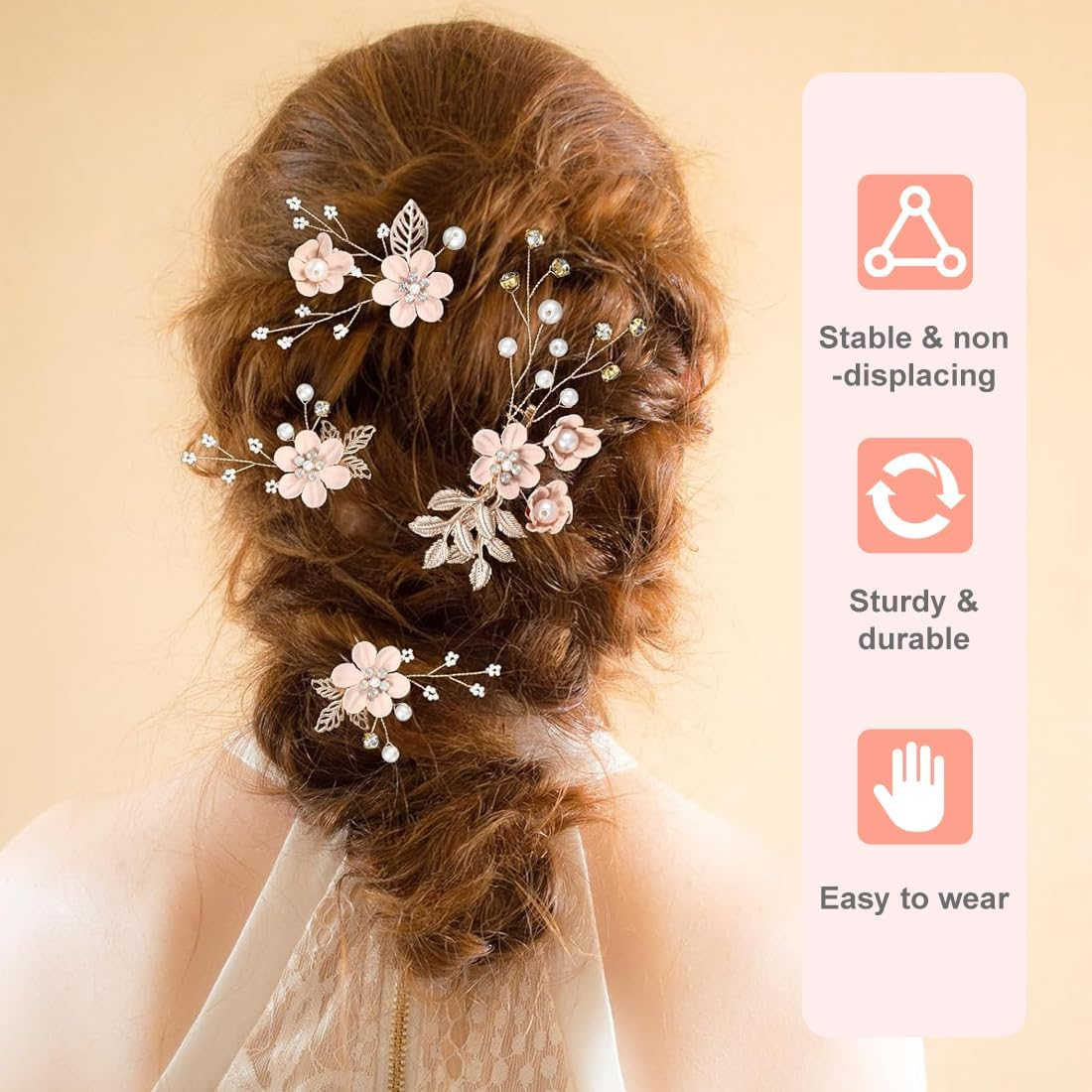 SGERUFZ Pack of 4 Wedding Hair Combs Rhinestone Hairpin Crystal Accessories Beads Headpiece Updo for Women Girls Party Prom Bridesmaids Flower Girl (Pink Flowers) image number 5