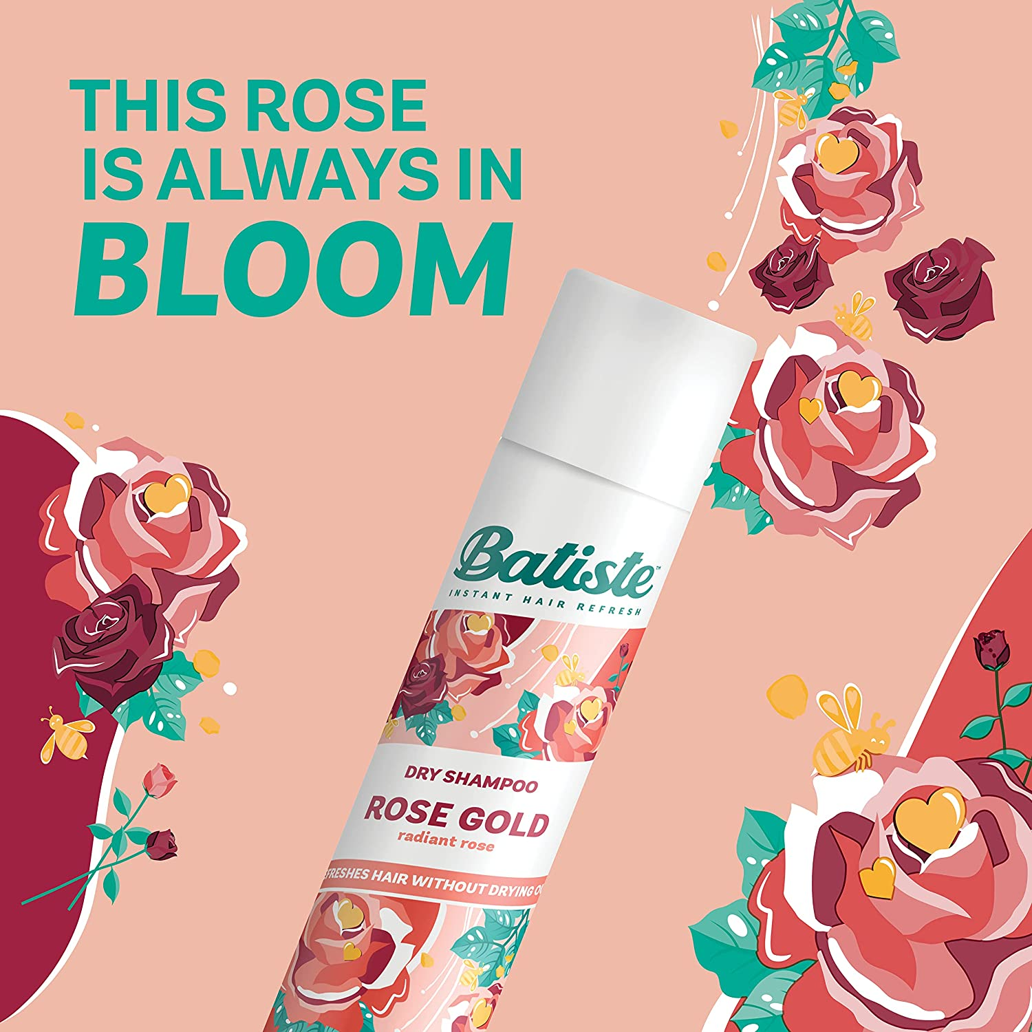 Batiste Rose Gold Dry Shampoo 350Ml - Quick Hair Refresh with Radiant Rose & Freesia Scent, Instantly Refresh & Revitalise Oily Hair, Adds Volume & Texture for All Hair Types, Instant & Quick Results image number 4