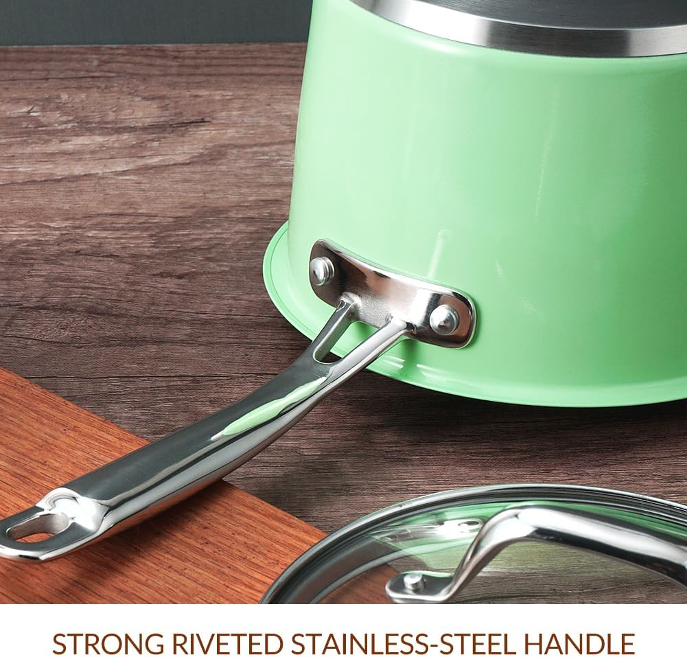 HOMICHEF Nickel Free Stainless Steel 2.37 L Sauce Pan with Glass Lid - 18CM Mint-Green No Coating No Toxic Induction Saucepan