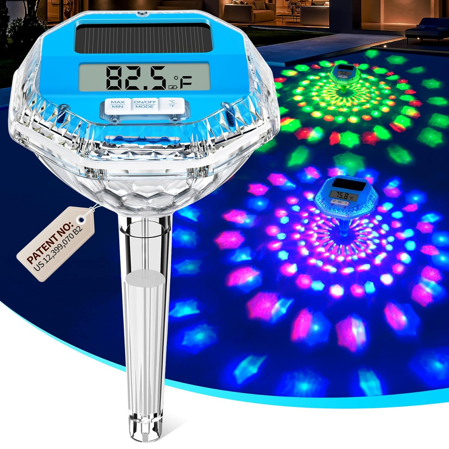 2025 Upgrade Digital Pool Thermometer Floating Easy Read, Solar Pool Thermometer with Dynamic Light Show, Large LCD Screen & IP68 Waterproof Pools Water Temperature Thermometers for Hot Tub image number 6