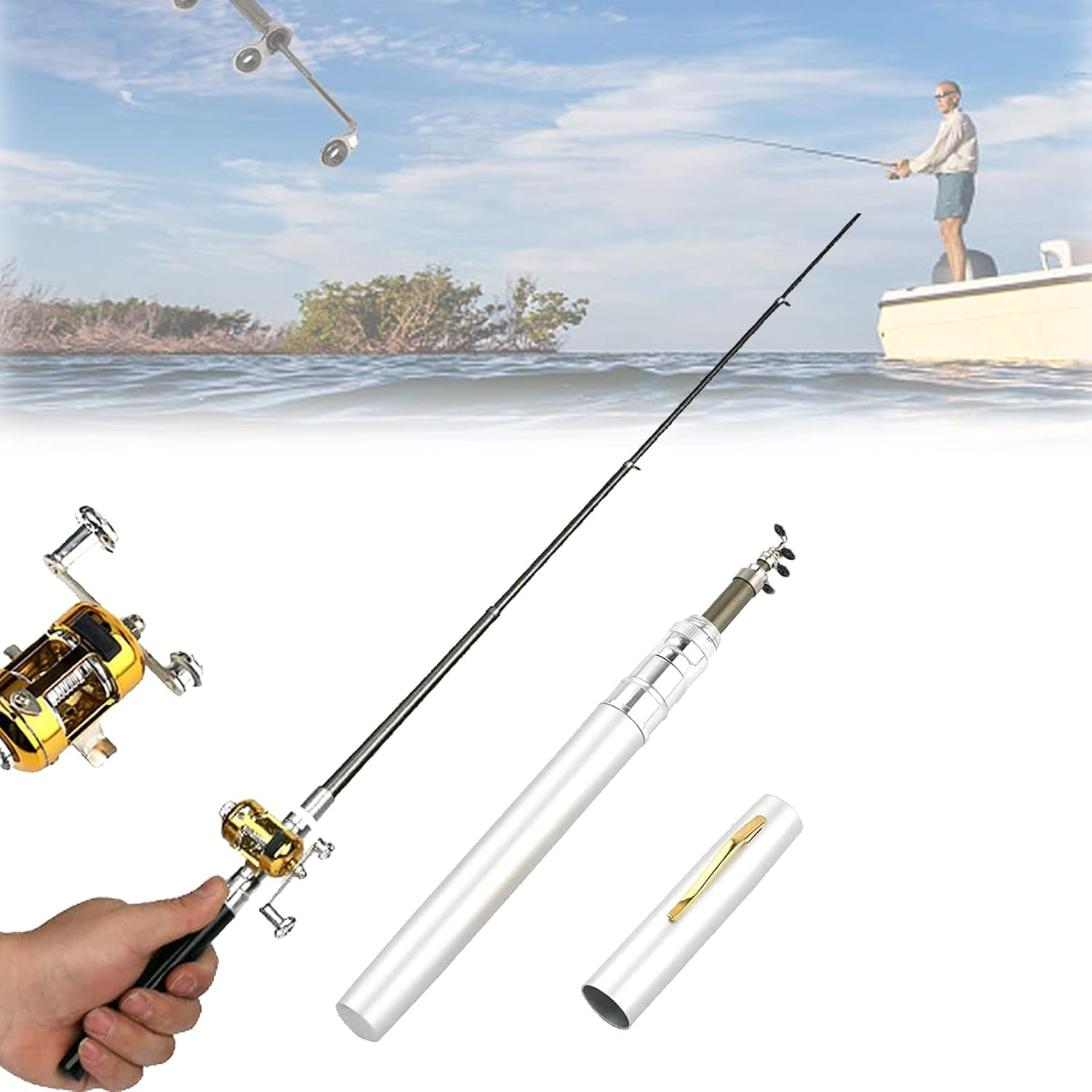 2023 Pocket Size Fishing Rod, Portable Mini Collapsible Small Micro Pen Fishing Pole Set, Reel Telescopic Combo Pocket Pen Fishing Rod, Travel Fishing Gear Pen Kit (Silver)