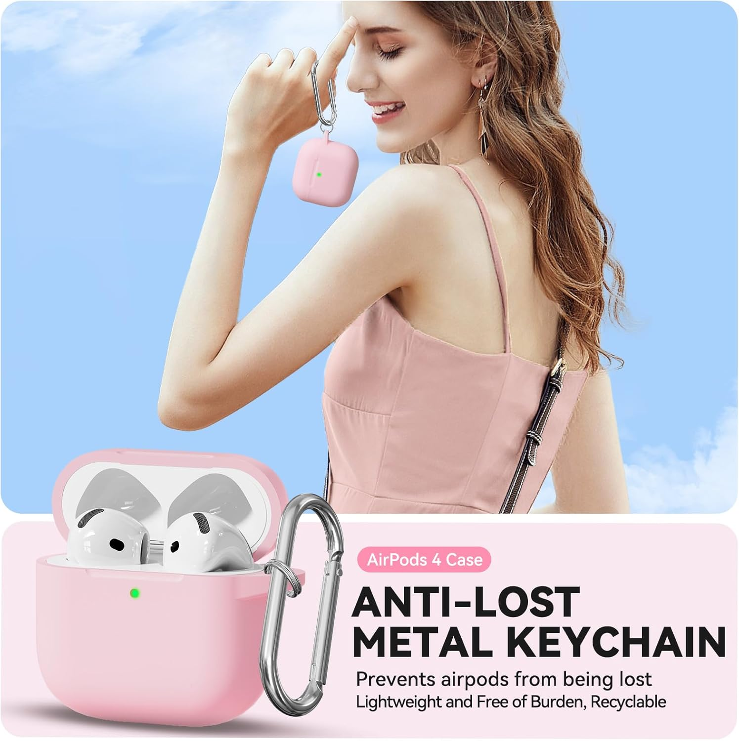 For Airpods 4 Case Cover, Silicone Protection Case for Airpods 4 Noise Cancellation/4Th Generation - [Support Wireless Charging], with Cleaning Kit and Carabiner - 1A-L-Light Pink image number 3