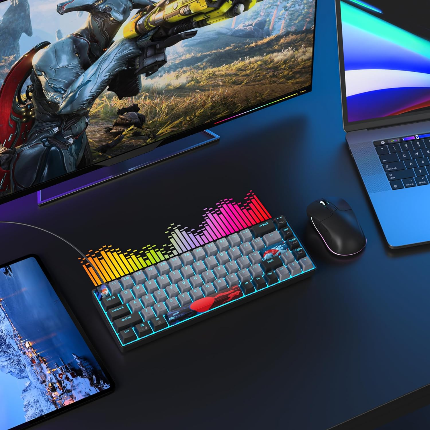 65% Mechanical Gaming Keyboard,Wired Compact 65 Percent Keyboard Ice Blue LED Backlit Red Switches PBT Keycaps for Win/Mac PC Gamers&Typists(Dolch) - 68 Dark image number 6