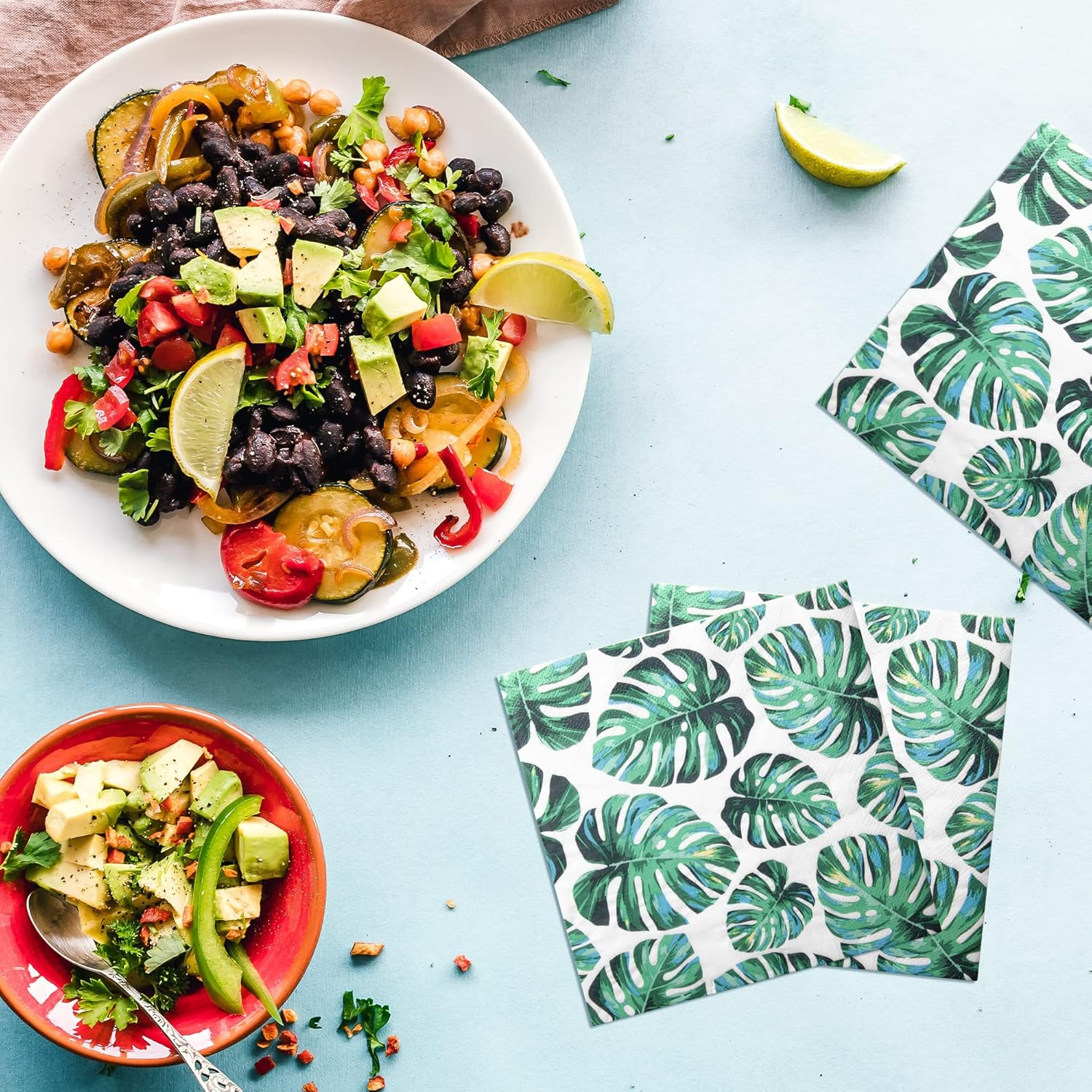 Wehhbtye 100PCS Tropical Plam Paper Napkins-Green Hawaiian Luau Leaf Beverage Dinner Napkin,Round Summer Palm Leaves Cocktail Luncheon Napkins for Party Birthday Holiday Supplies Decor image number 2