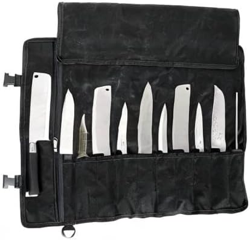 Chef'S Knife Roll Bag - Heavy Duty Waxed Canvas with 11 Slots (10+1 Zipper Pocket), Portable Kitchen Knives Bag for Home/Camping, Waterproof & Shoulder Strap Included (Black) - Black image number 4