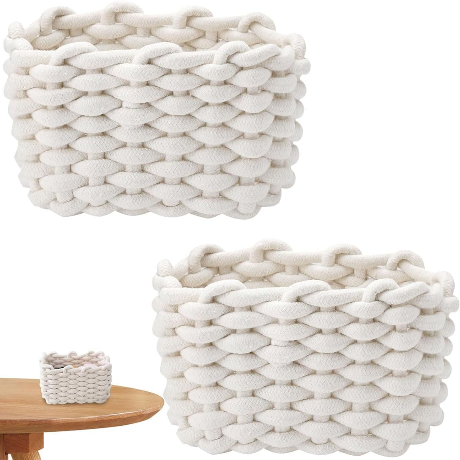 2 Pack Small Woven Baskets, Natural Cotton Rope Woven Baskets for Organizing, Cat Dog Toy Baskets, Bathroom Organization Bin for Make-Up, Toy, Socks, Storage Basket (Off White) image number 4
